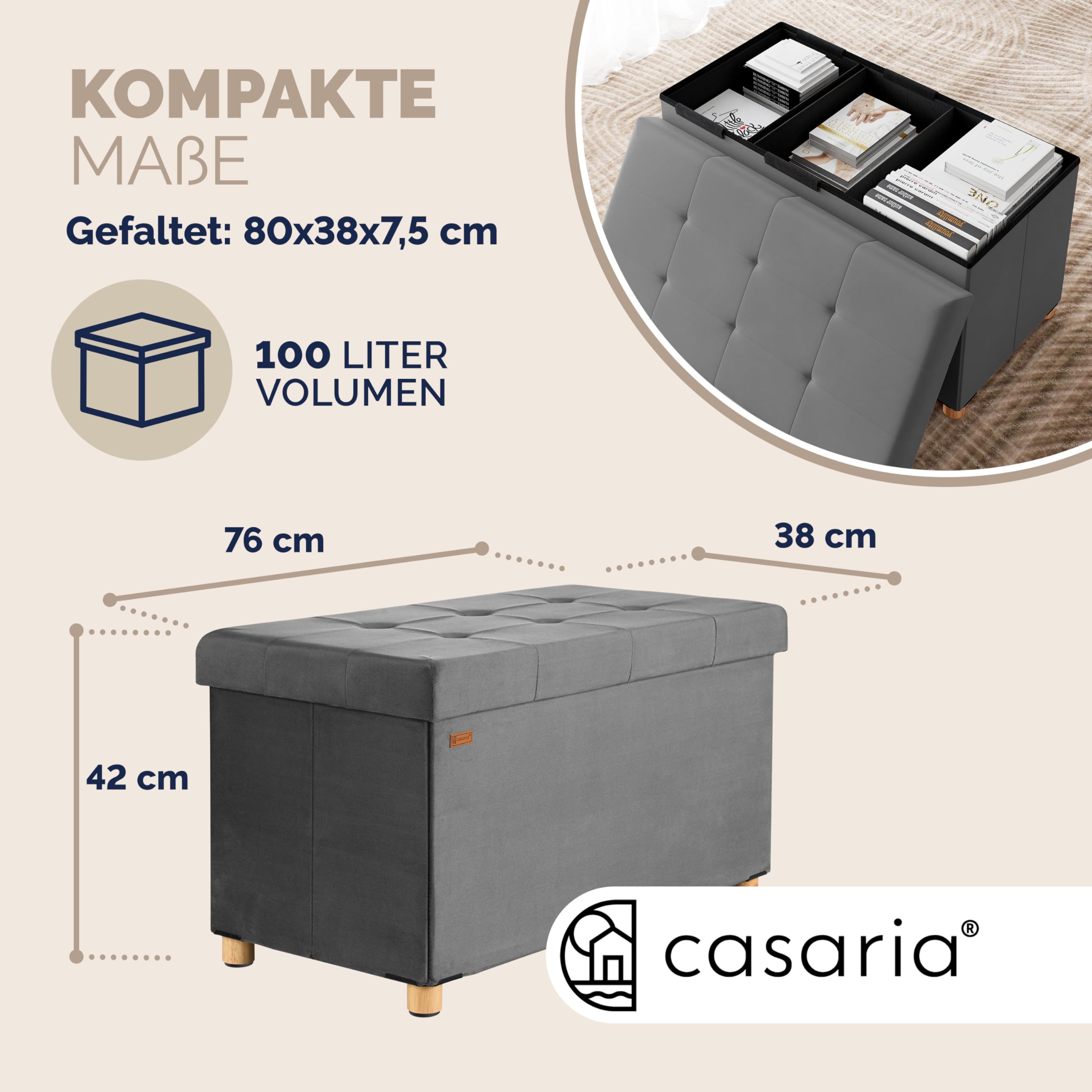 Casaria® Sitzbank mit Stauraum Anthrazit Samt mit Holzfüßen Faltbar Sitzbank 300kg Belastbar 76cm Truhe Wohnzimmer Schlafzimmer Flur Truhenbank Bank