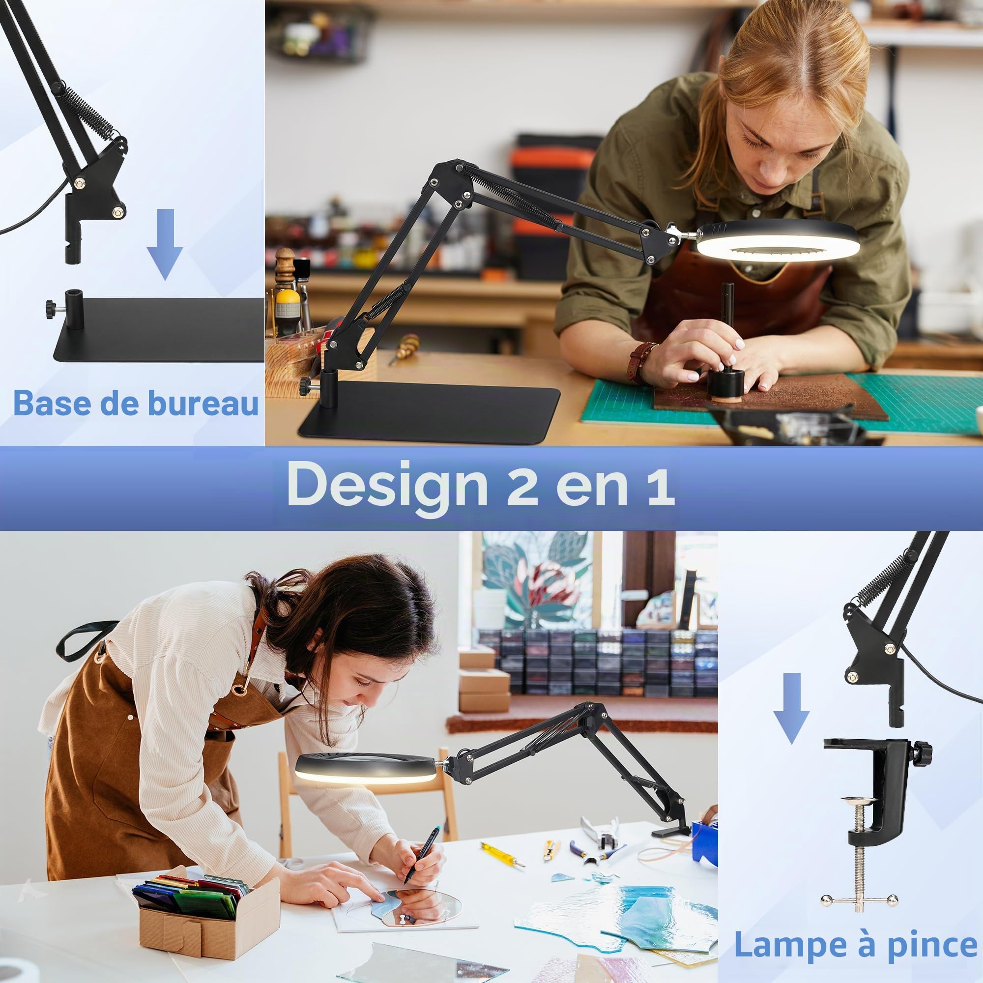 RealPlus 10X Lampe Loupe 2 en 1, Base & Pince, 5 Couleurs & 10 Luminosités
