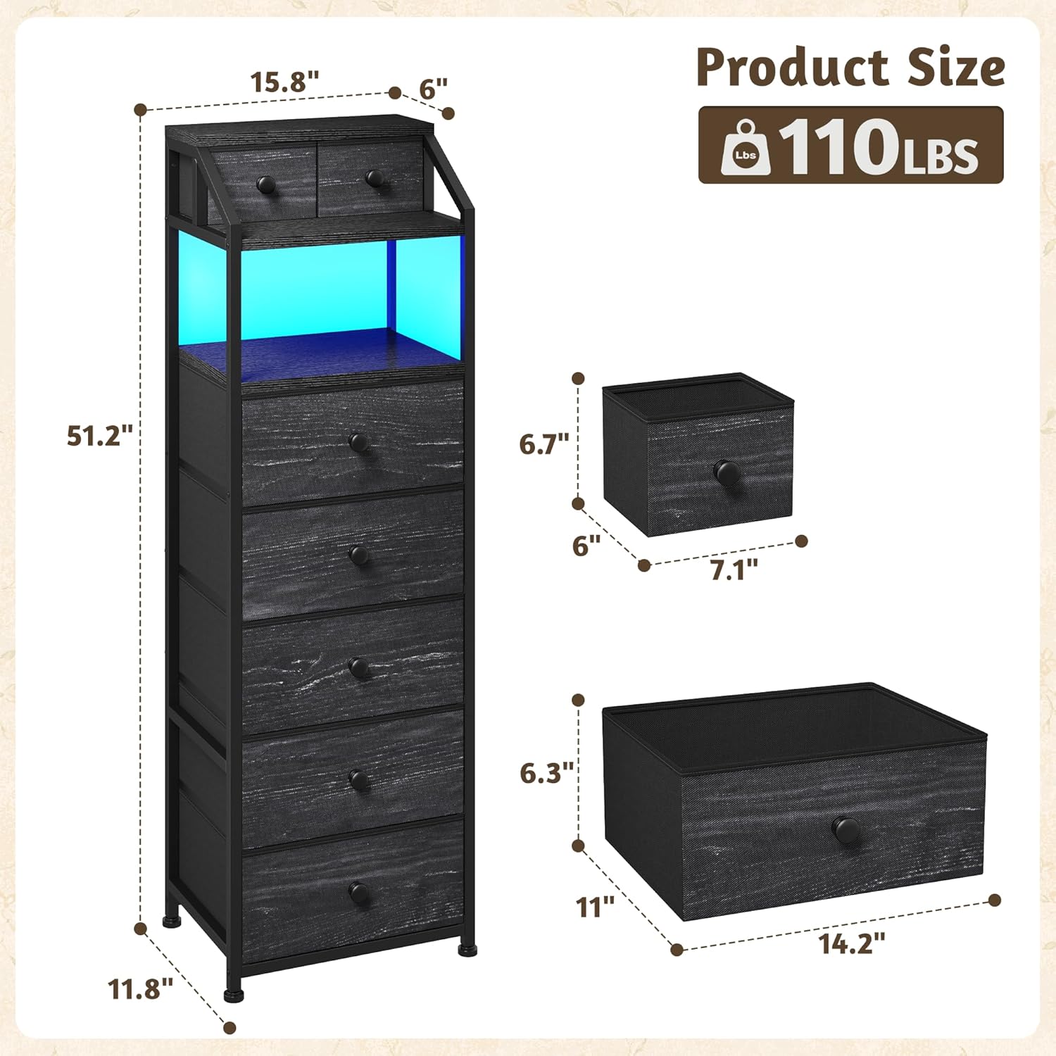 EnHomee 51.2" H Vertical Dresser with LED Lights, 7 Fabric Drawers Dresser for Bedroom, Sturdy Nightstands with Open Wood Shelf, Metal Frame, Bedside Table for Dorm, Entryway(Black)