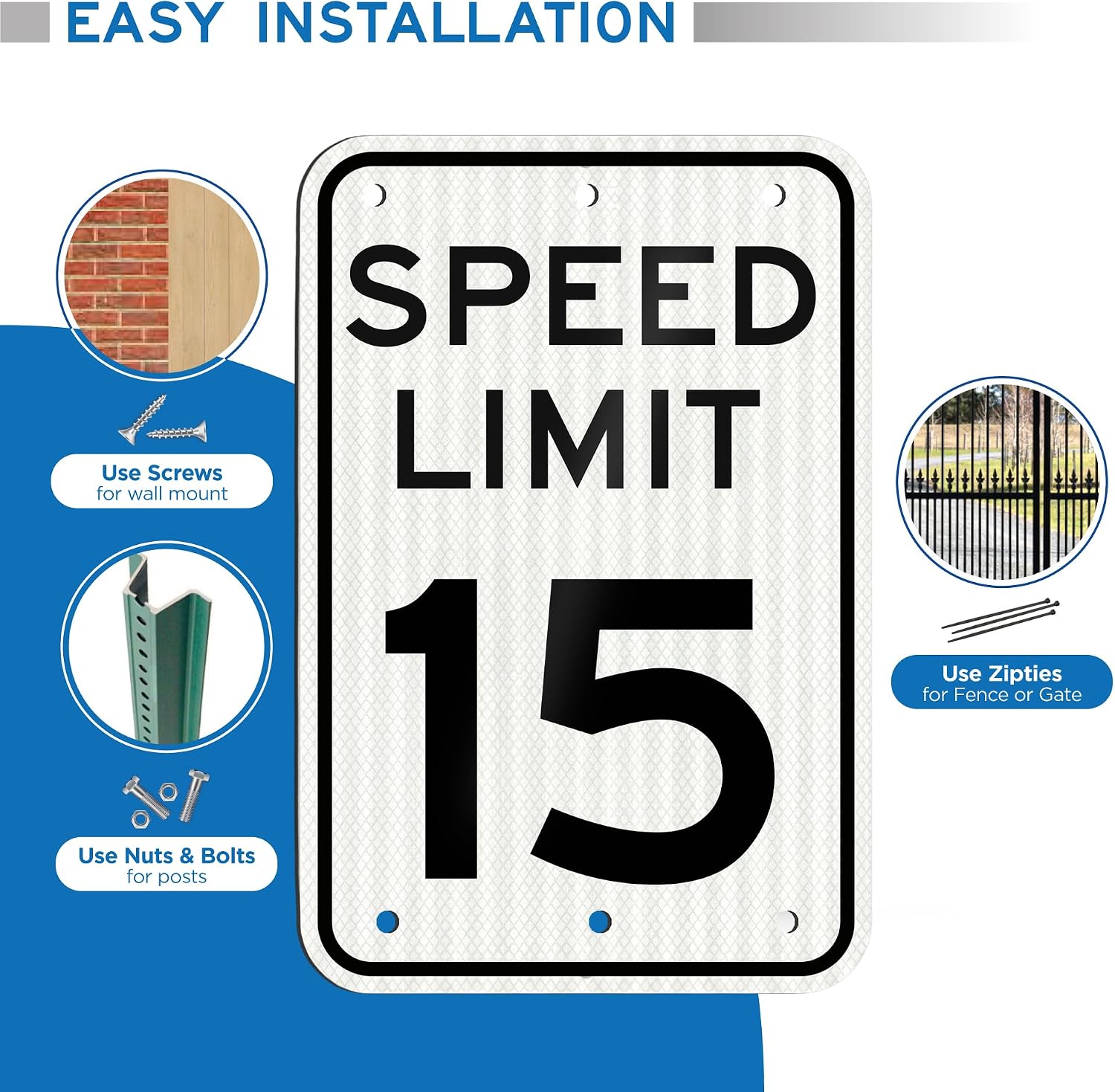 Olanzu (4 Pack) Speed Limit Signs 15 MPH – 12 x 17 Inch Engineer Grade Reflective Aluminum, Rust-Free, Weatherproof, Fade Resistant, Easy to Mount Traffic Sign for Driveways & Roads