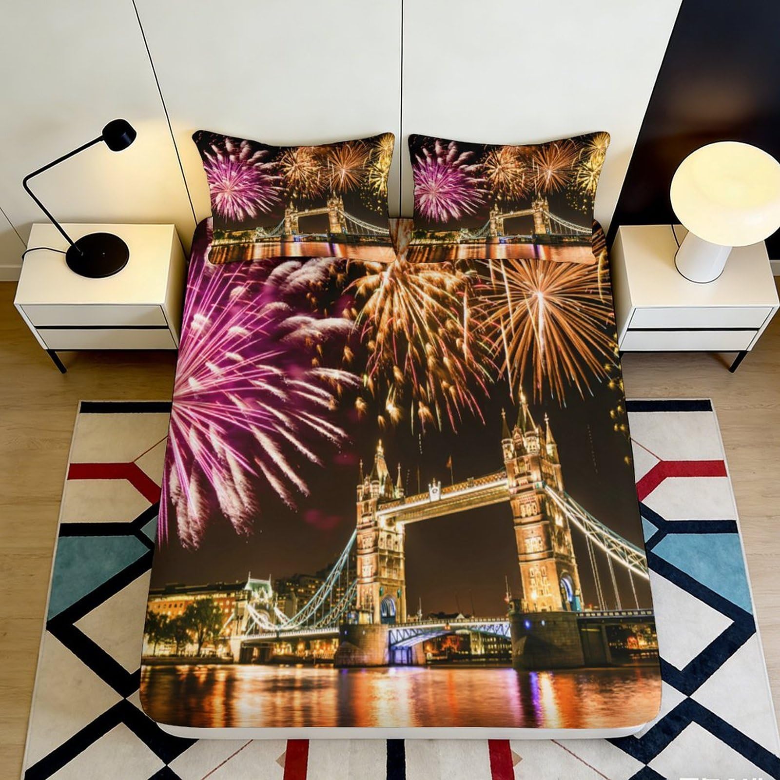 Pnayamiorkfel Style-1 3D Printed Fireworks London Bridge Fitted Sheet Microfiber Bed Cover Soft Washable For Bedroom Guest Room Decor 90X200x25cm
