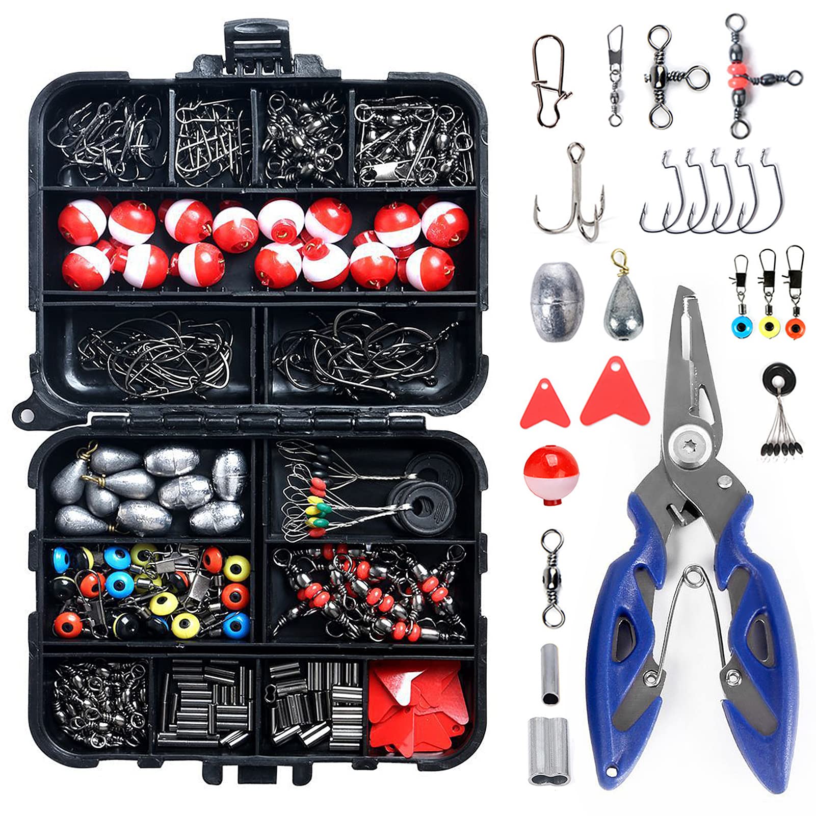 Eacam 263Pcs Fishing Accessories Kits with Tackle Box Saltwater Freshwater Including Jig Hooks, Cross Barrel Swivel, Barrel Snap Swivel, Sinker Slides, Lead Sinker, Treble Hooks