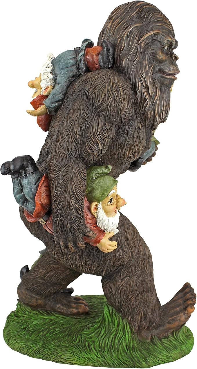 The Design Toscano Schlepping The Garden Gnomes Bigfoot Yeti statue is a whimsical and unique addition to any indoor or outdoor space. Standing at 16 inches tall, this handcast polyresin statue features a Bigfoot Yeti carrying two garden gnomes on his back. The detailed design and painted full color finish make this statue a fun and eye-catching conversation piece for your garden or home decor.