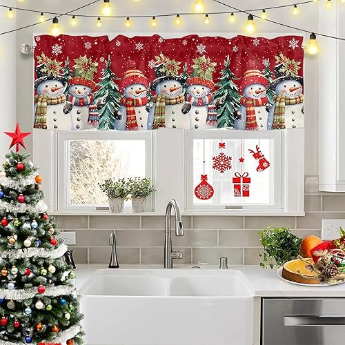 Miniatura 6 de Cenefa de Navidad para ventanas, cortinas de muñeco de nieve, cenefas con bolsillo para barra, tratamientos de ventana, cortinas cortas rojas de
