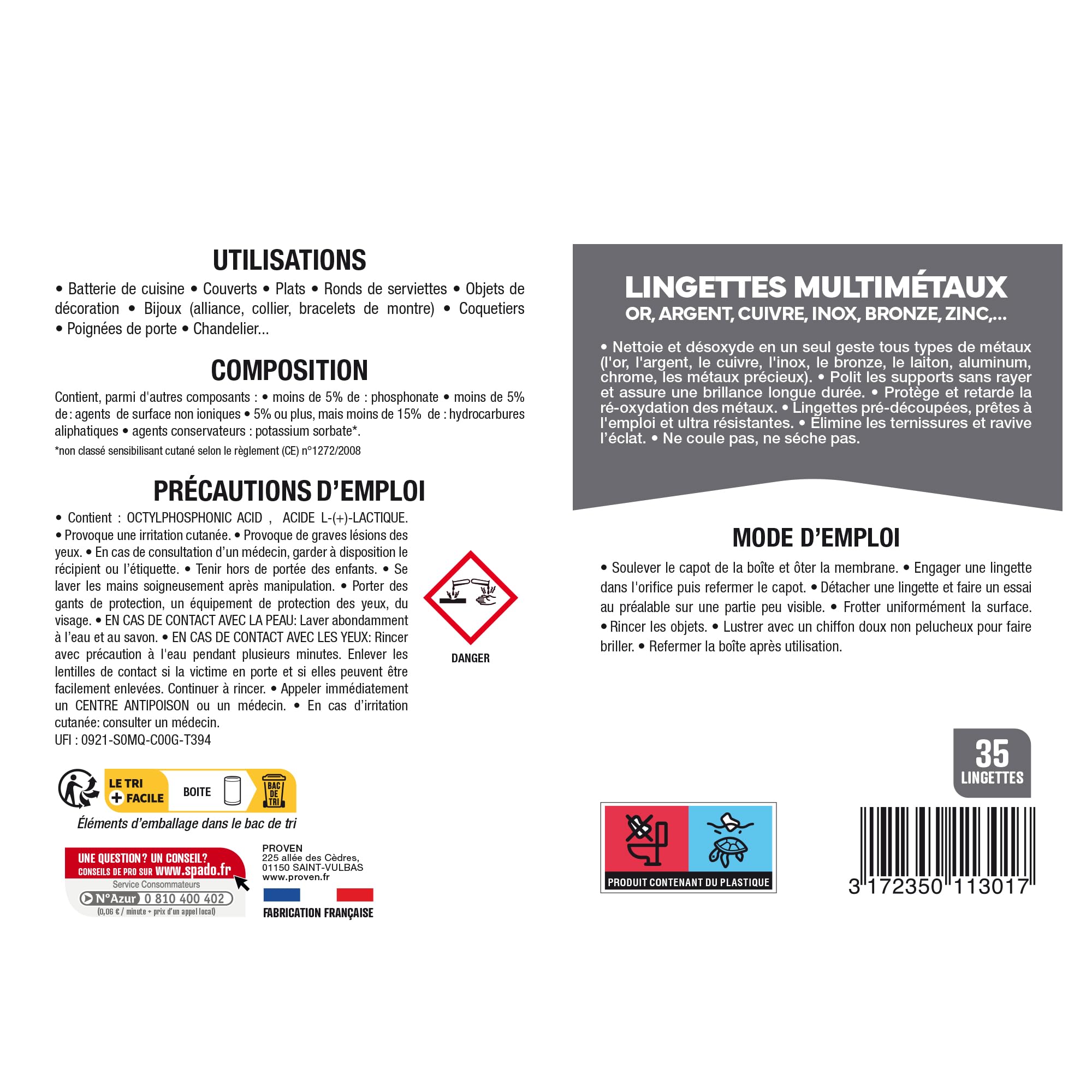 SPADO - Lingettes multi métaux - Nettoie et désoxyde couverts, bijoux, plats et argenterie - Fait briller - Lingette désincrustantes - 35 lingettes - Fabriqué en France