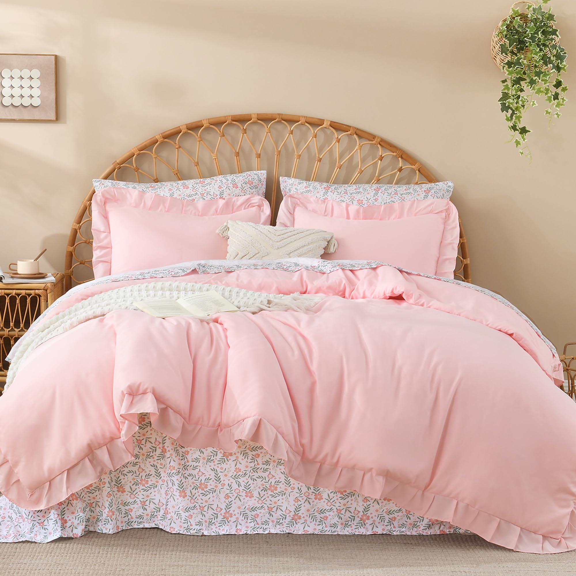 Litanika 7Pcs Queen Ruffled Pink Comforter Set with Floral Sheets