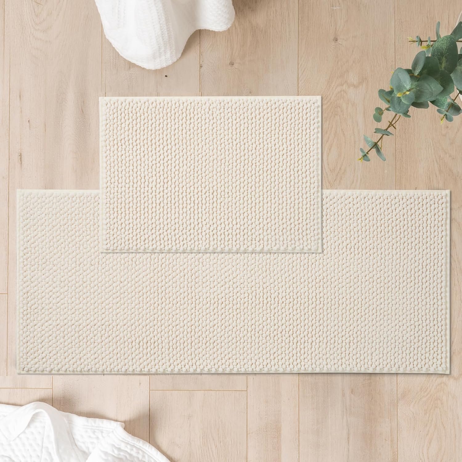 FRESHMINT Chenille Bathroom Rugs Sets 2 Piece 17"x24"+20"x47", Non-Slip Bath Mats Set for Bathroom, Absorbent Bath Rug, Washable Set of 2 Shower Floor Mat Runner, Cream 24"x17"+47"x20" Cream