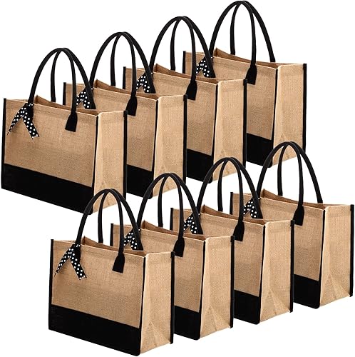 Peryiter Juego de 8 bolsas de yute negras con asas, bolsas de arpillera grandes reutilizables con cinta de lunares para regalo de dama de honor,