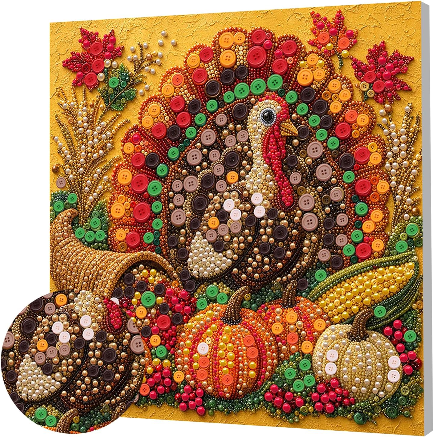 Turkey DIY Button Painting Kit with Wooden Frame, 11.81x11.81 Inch Round Buttons Craft Art Painting for Adults Beginners, 3D Mosaic Paint by Buttons Desktop Wall Decor Gift
