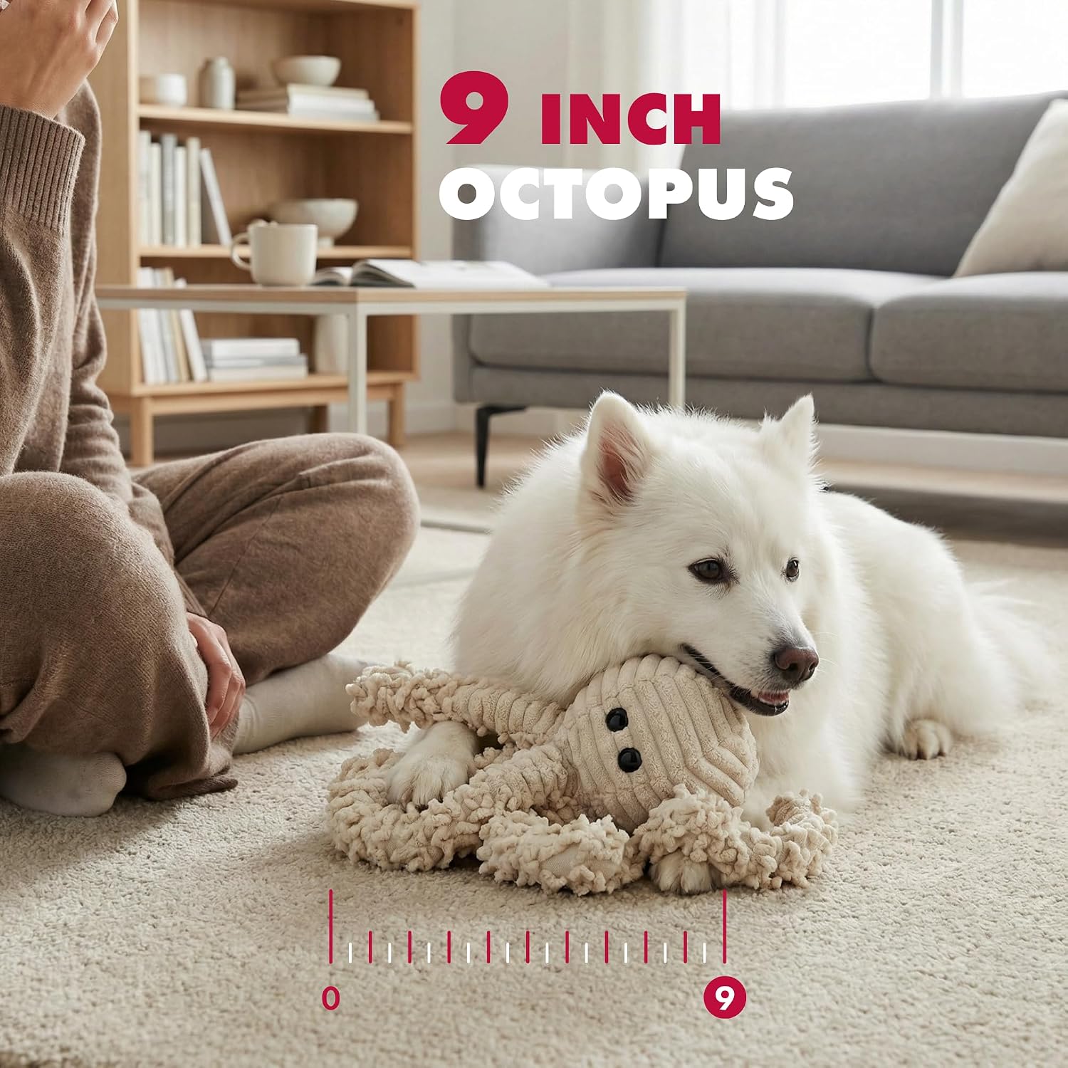petlou Durable Natural Nubby Plush Dog Toys with Squeaker and Crinkle Paper in Multi-Size (Natural Octopus, 9 Inch)