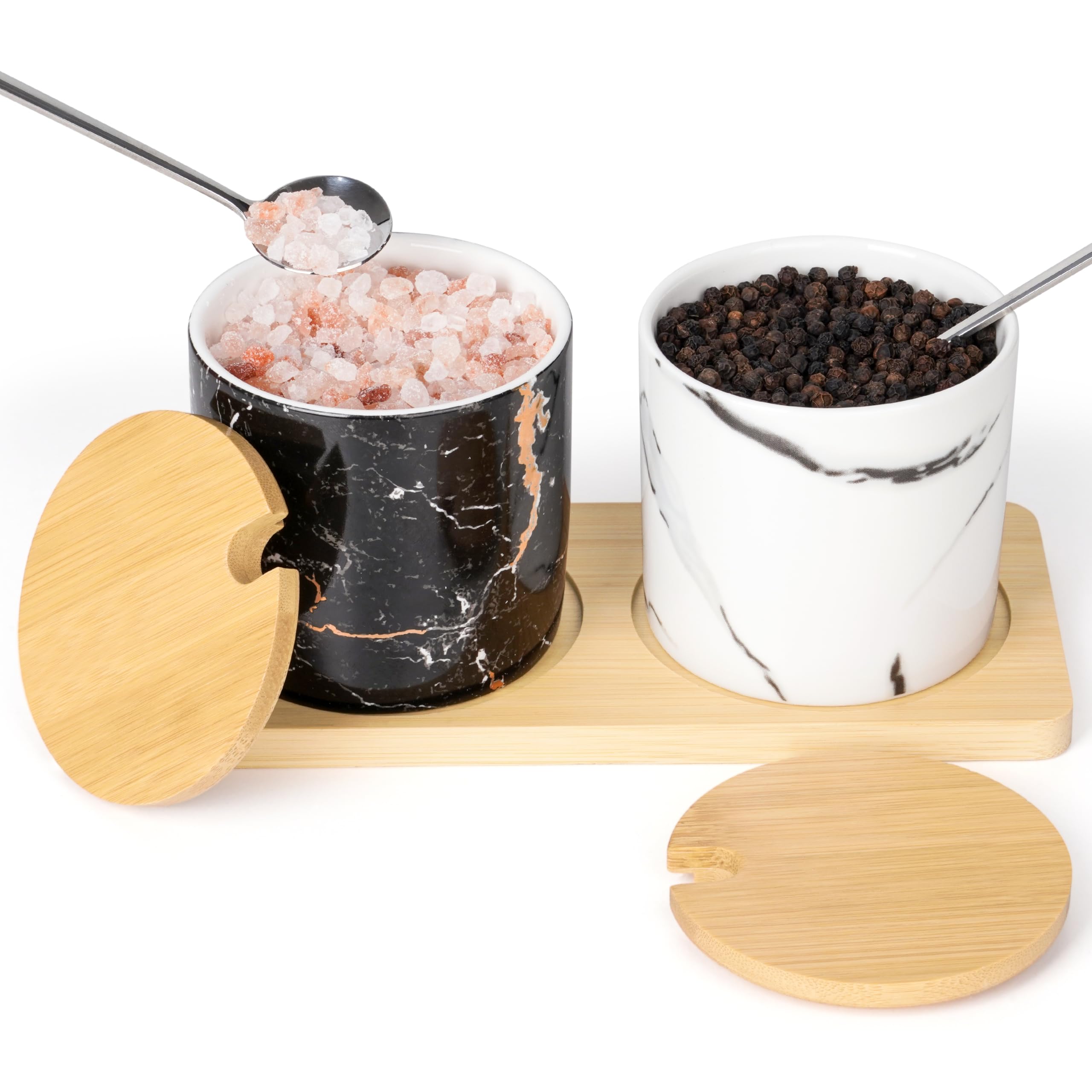 Schwarze Porzellan-Gewürzdosen Mit Holzdeckel – 3er Set Inkl. Löffel & Tablett, Modernes Design