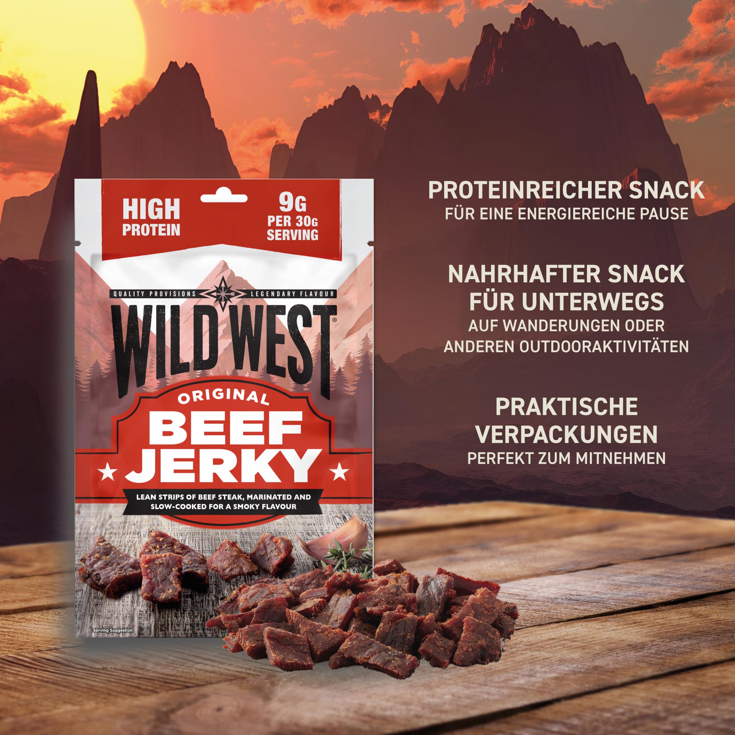Wild West Beef Jerky, 300 g Original, carne seca altamente proteica, snack proteico Beef Jerky, cecina de vaca