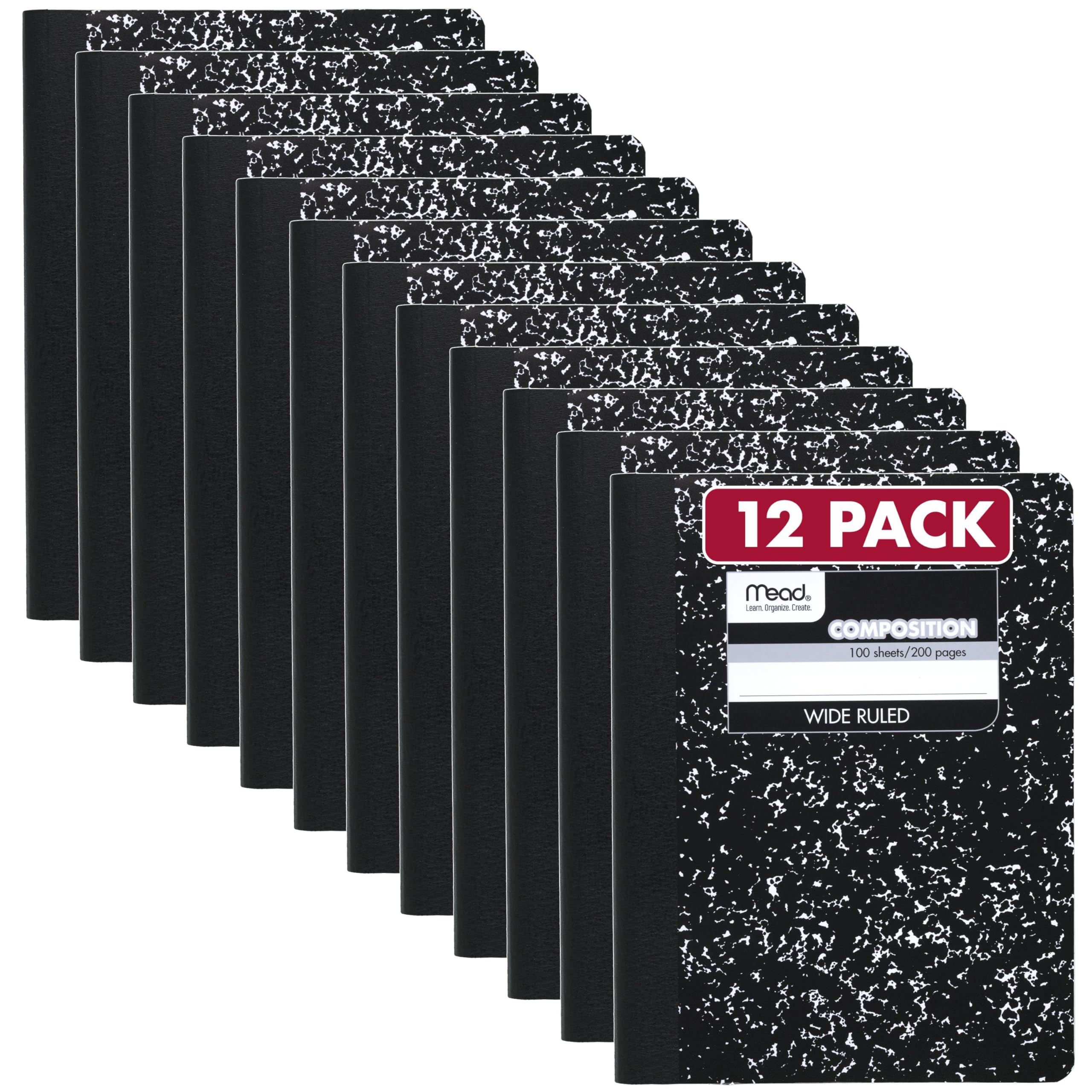 Mead Composition Notebook, 12 Pack, Wide Ruled Paper, 7-1/2" x 9-3/4", 100 Sheets per Comp Book, Black Marble (72936)