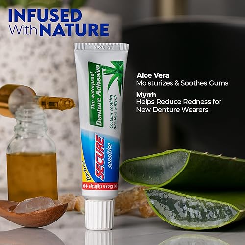 Miniatura 2 de Secure Adhesivo para dentaduras postizas sensibles con aloe vera y mirra, retención máxima de 12 horas, sello impermeable patentado, para todo tipo