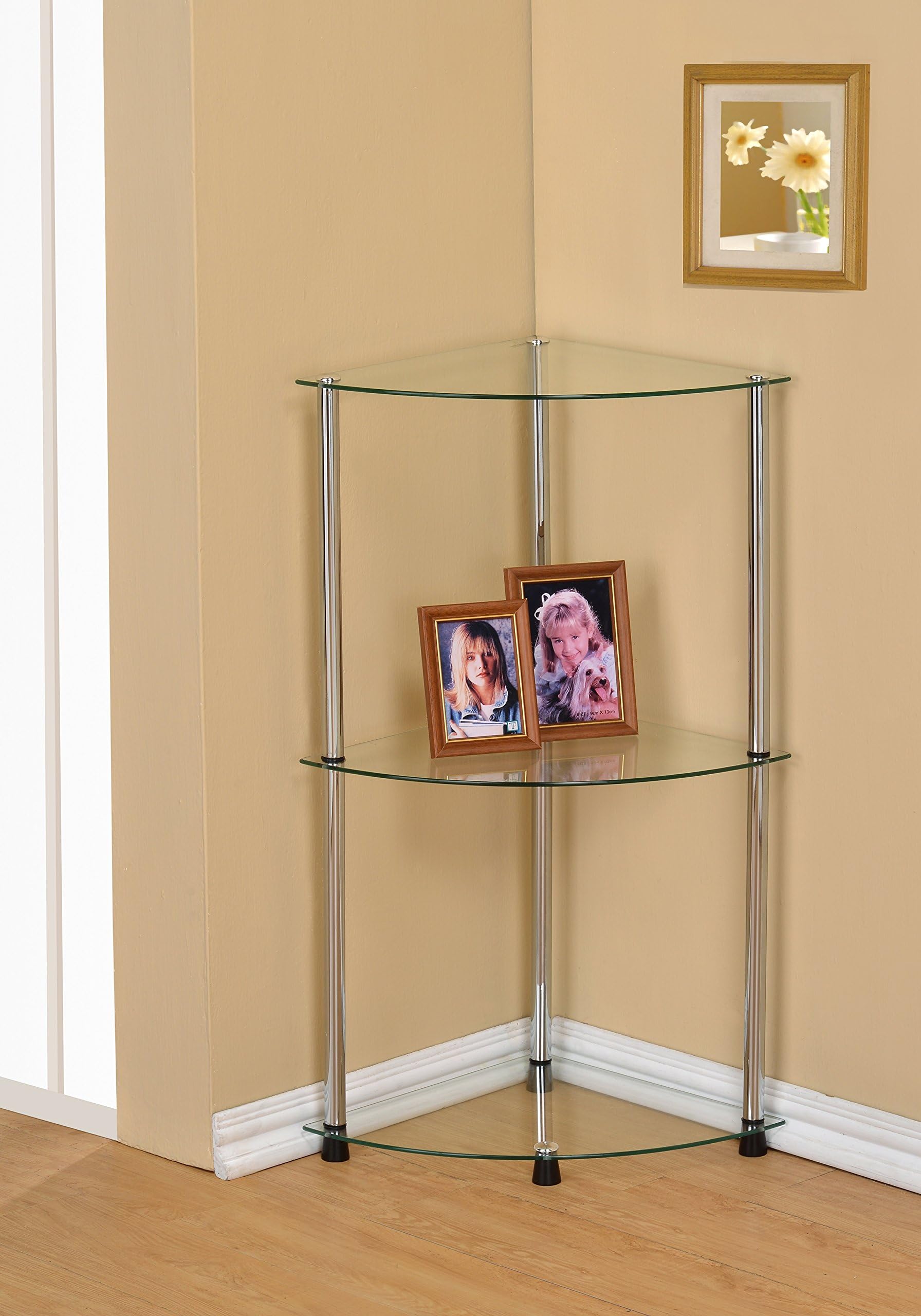 3-Tier Glass Corner Accent Table Shelf, Clear Glass