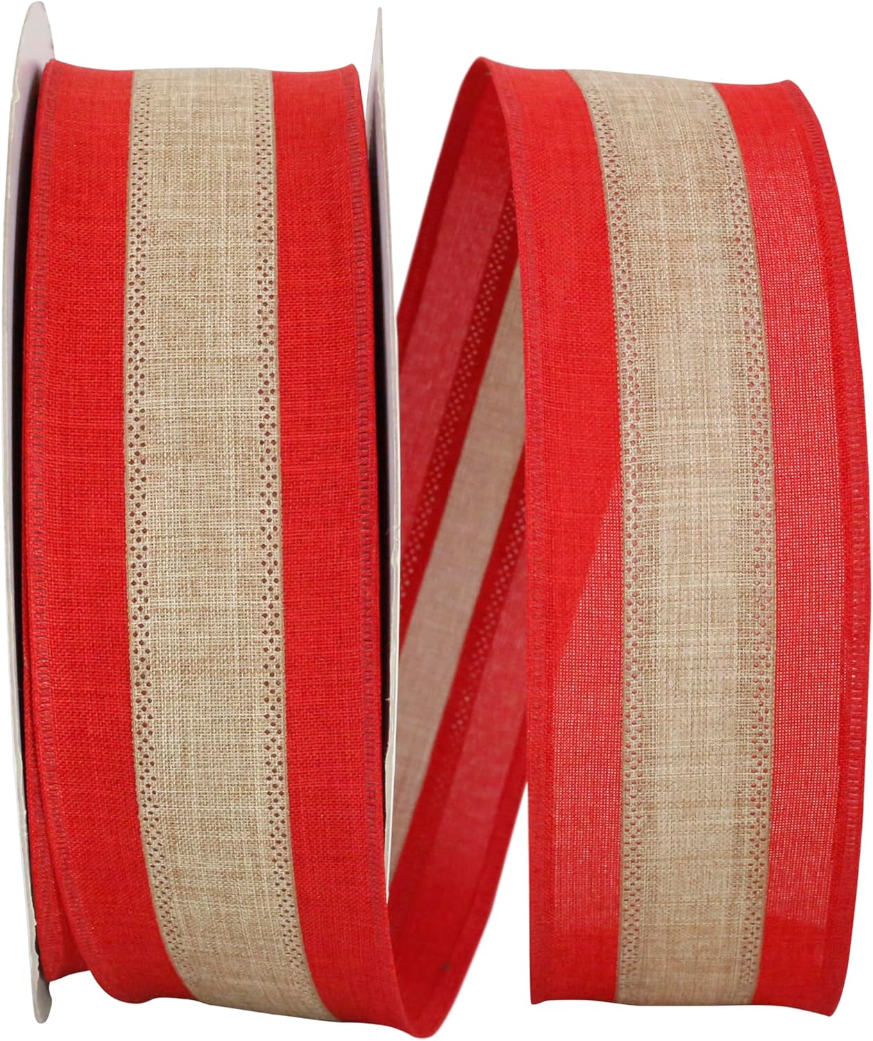 Reliant Ribbon Natural Stripe Linen Value Wired Edge Ribbon, 2-1/2 Inch X 50 Yards, Natural/red
