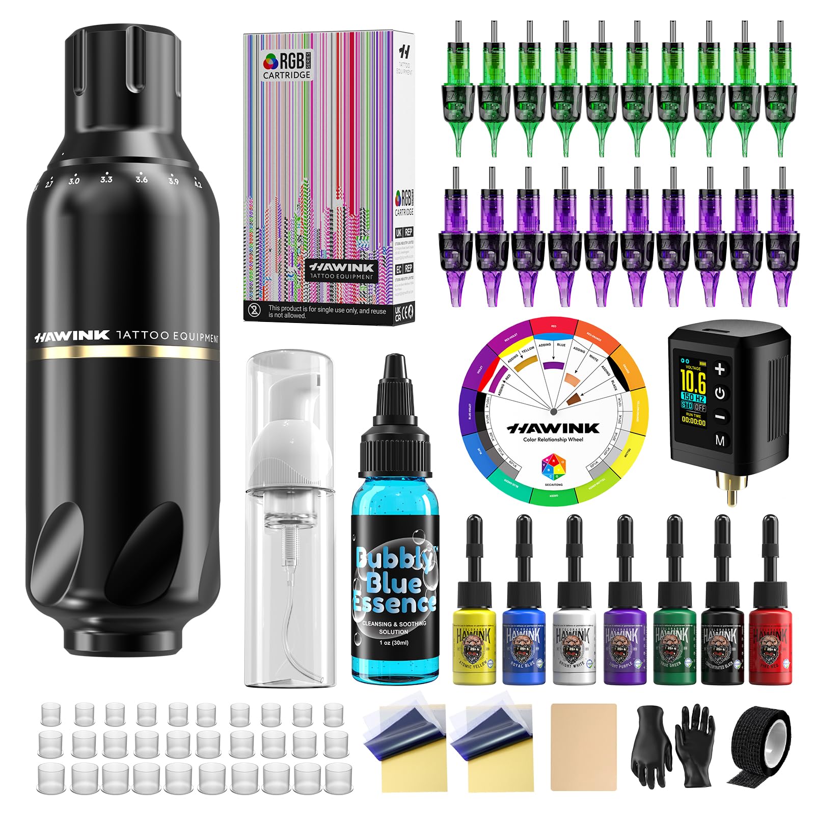 HAWINK Kit de Máquina de Tatuaje Inalámbrica con Batería 1600mAh Modo Normal/Punteado, 20 Cartuchos de Aguja 7 Tintas para tatuaje Jabón Azul Tatto Kit Completo para Principiantes HW-TKP304AEU-9