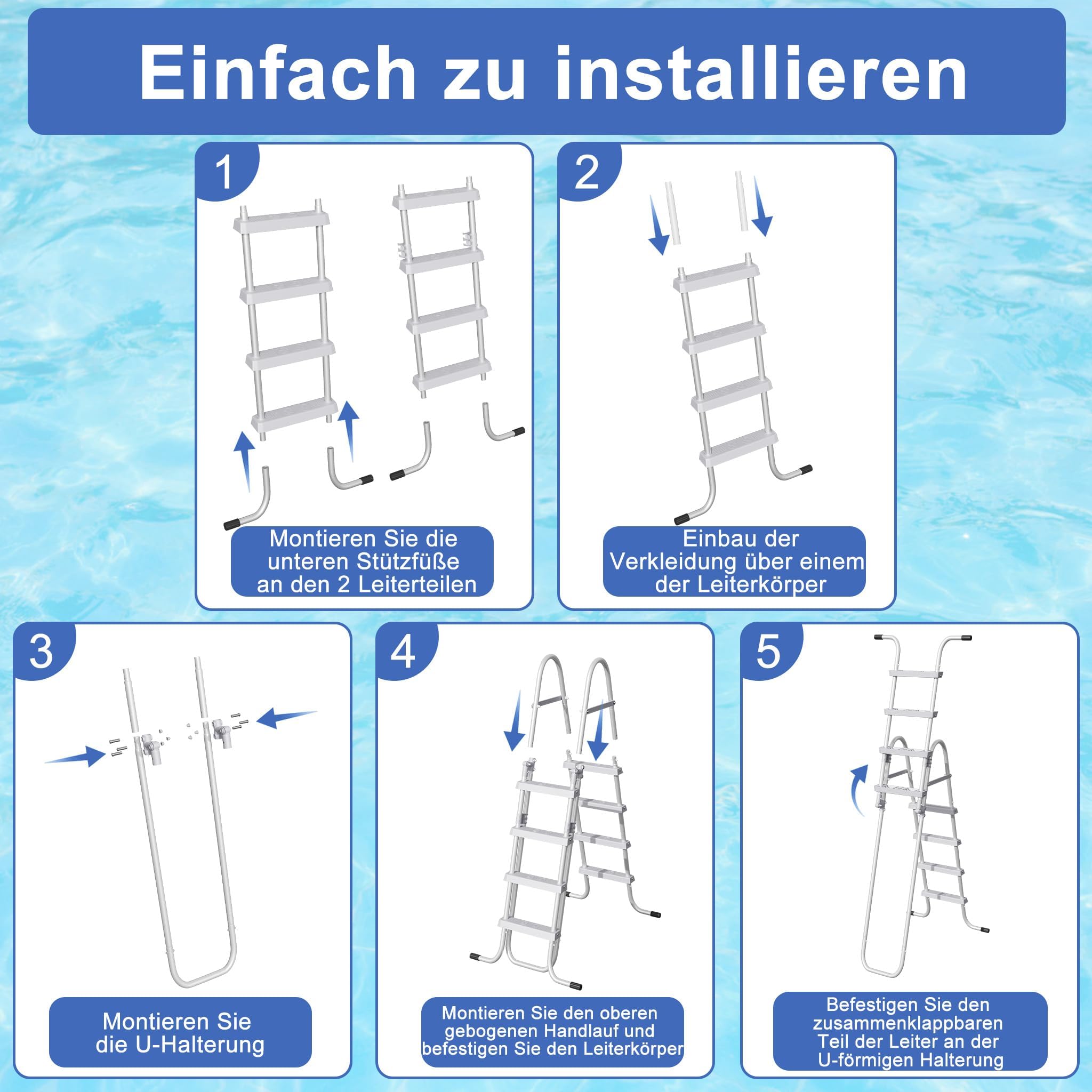Échelle de piscine à 4 marches en métal pour piscine hors-sol jusqu'à 130 cm réversible charge maximale 150 kg gris