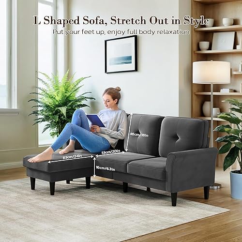 Miniatura 3 de Sofás para sala de estar, sofá modular de terciopelo de 83 pulgadas con otomana móvil, moderno sofá seccional pequeño de mediados de siglo, sofá en