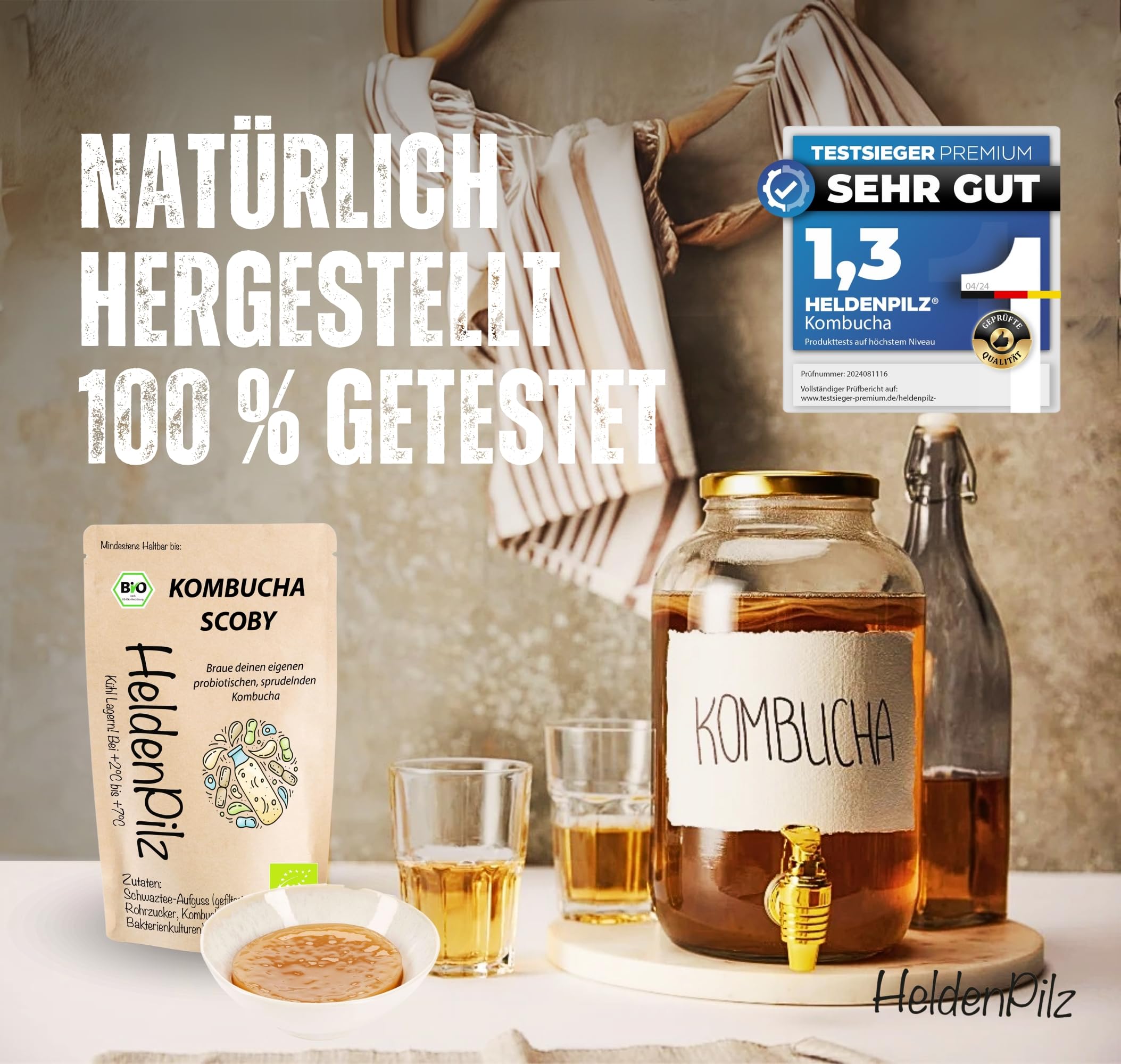 HeldenPilz Kombucha - Scoby vital y potente con líquido de raíz | Para 6 l de kombucha | Garantía de éxito, 100% natural, duradero
