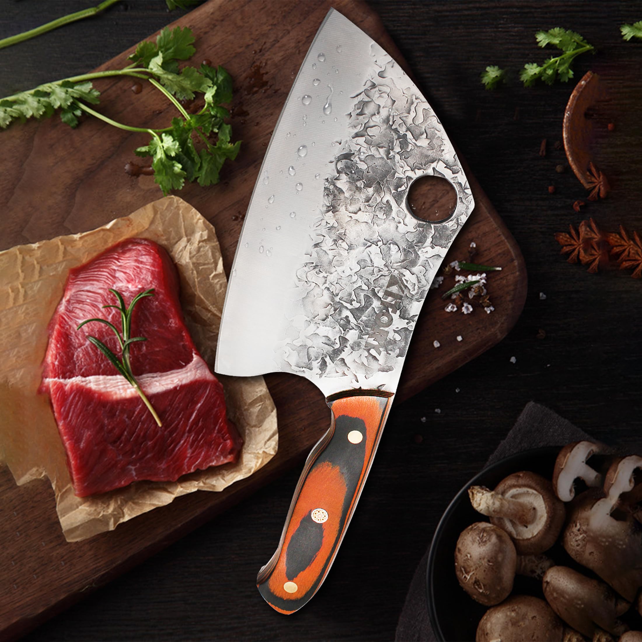 Kitory Serbisches Hackmesser 18cm, Chinesisches Küchenmesser für Fleisch & Knochen, Handgeschmiedet, Pakkaholz-Griff mit Mosaik-Niete