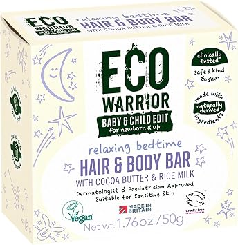 Eco Warrior Baby & Child Edit شريط مريح للشعر والجسم قبل النوم 50 جرام | شامبو الشعر وصابون الجسم 2 في 1 | رائحة زهر اللافندر | لطيف، صديق للبيئة، نباتي، خالي من القسوة