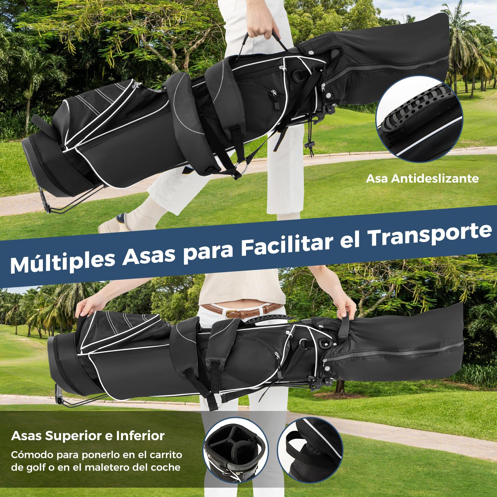 COSTWAY Bolsa de Golf con Soporte, 4 Divisores Superiores, 4 Bolsillos con Cremallera, Correa Doble para el Hombro, Bolsa de Golf Portátil, Unisex Adulto