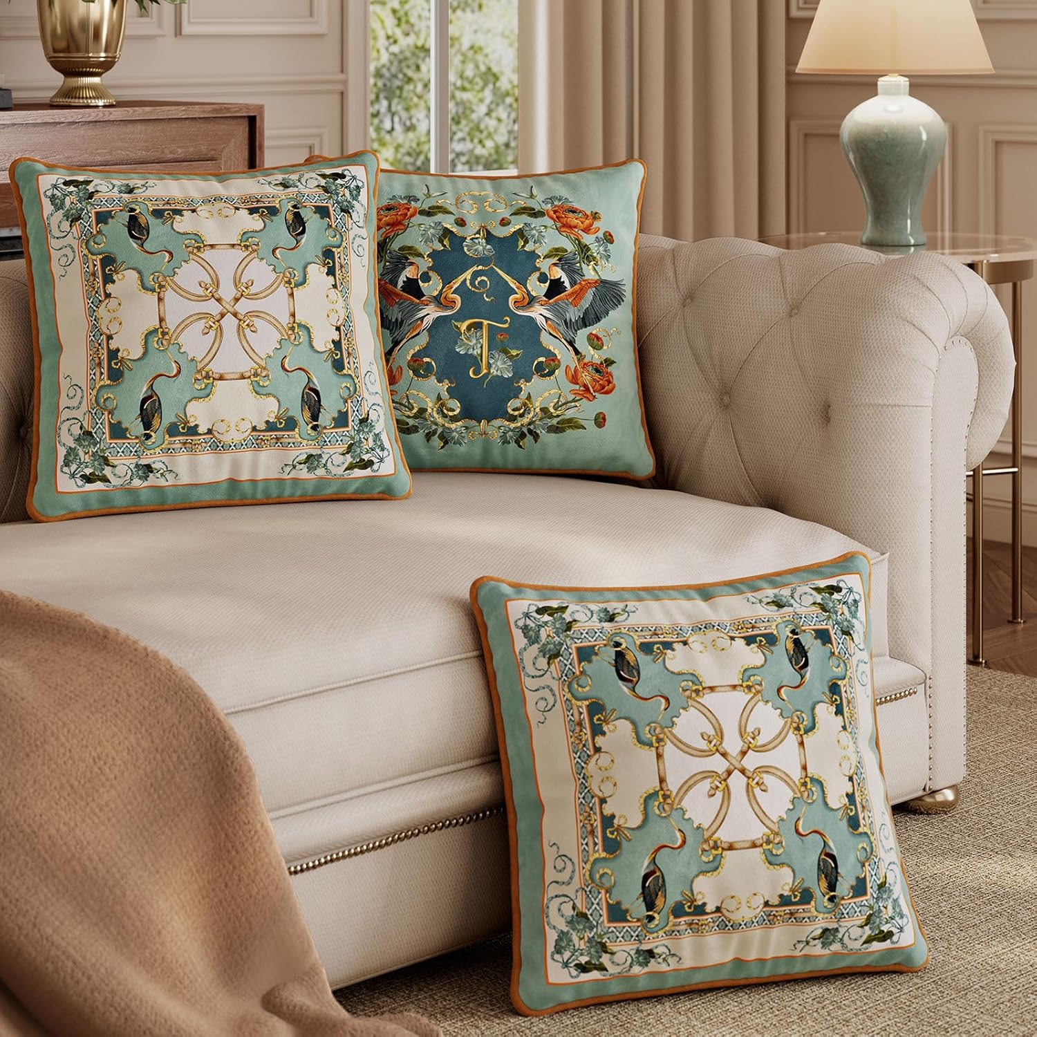 Euro Shams Velvet Teal Throw Pillow Covers 18x18, Bird Pillow Covers Animal Print Accent Pillow for Bed Couch Grandmillennial Home Decor, Floral Heron - Image 8