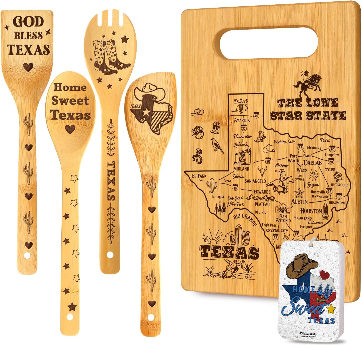 6 Pcs Texas Gifts Cutting Board for Women with Spoons & Sponge, Home Sweet Texas Theme Gifts for WesternTexas Lovers, Aztec Kitchen Decor Gift for Birthday Housewarming Mothersday