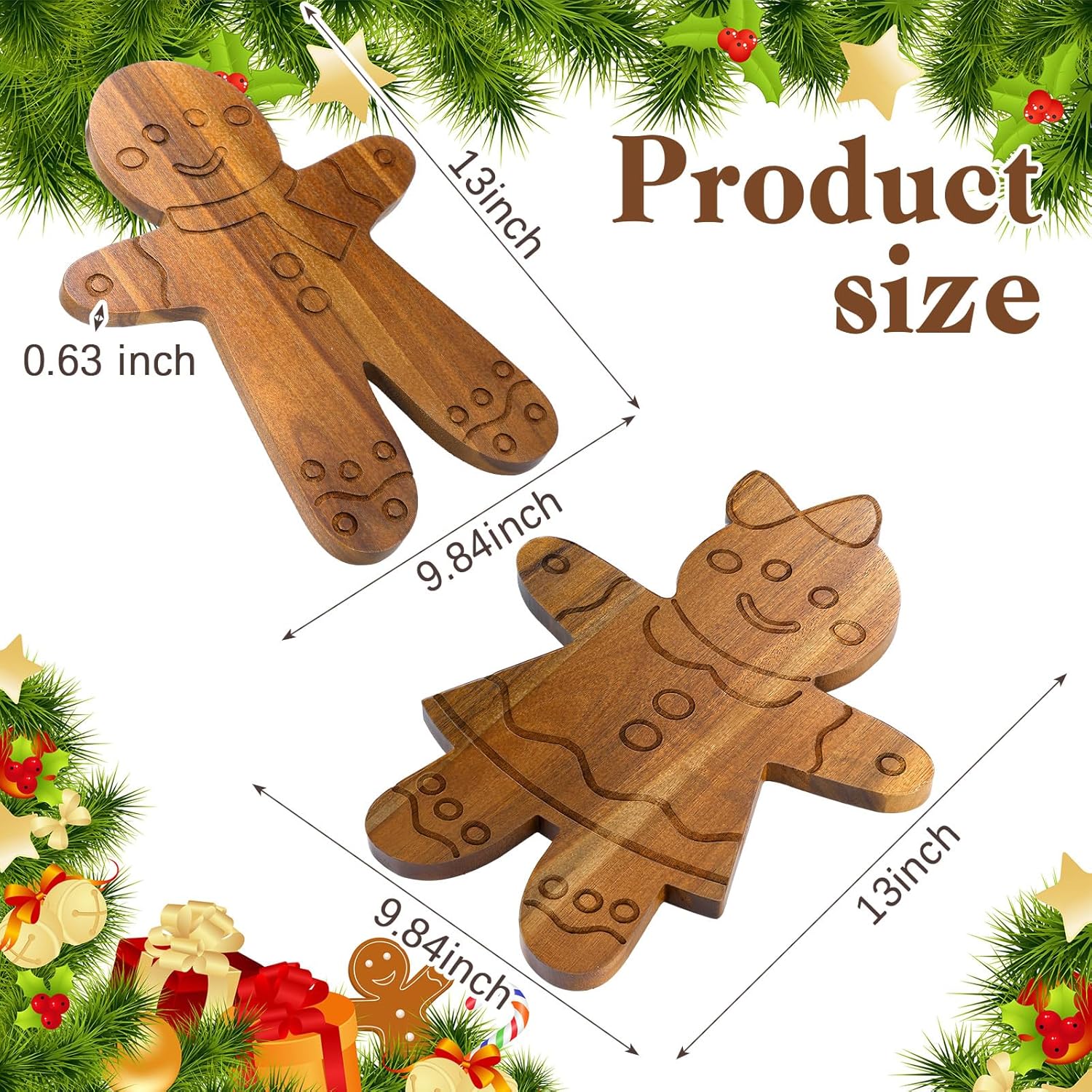 Uiifan 2 Pcs Christmas Cutting Board Gingerbread Man Charcuterie Board Acacia Wood Gingerbread Man Serving Tray Chopping Platter Butcher Block for Kitchen Cheese Bread Salad Gifts