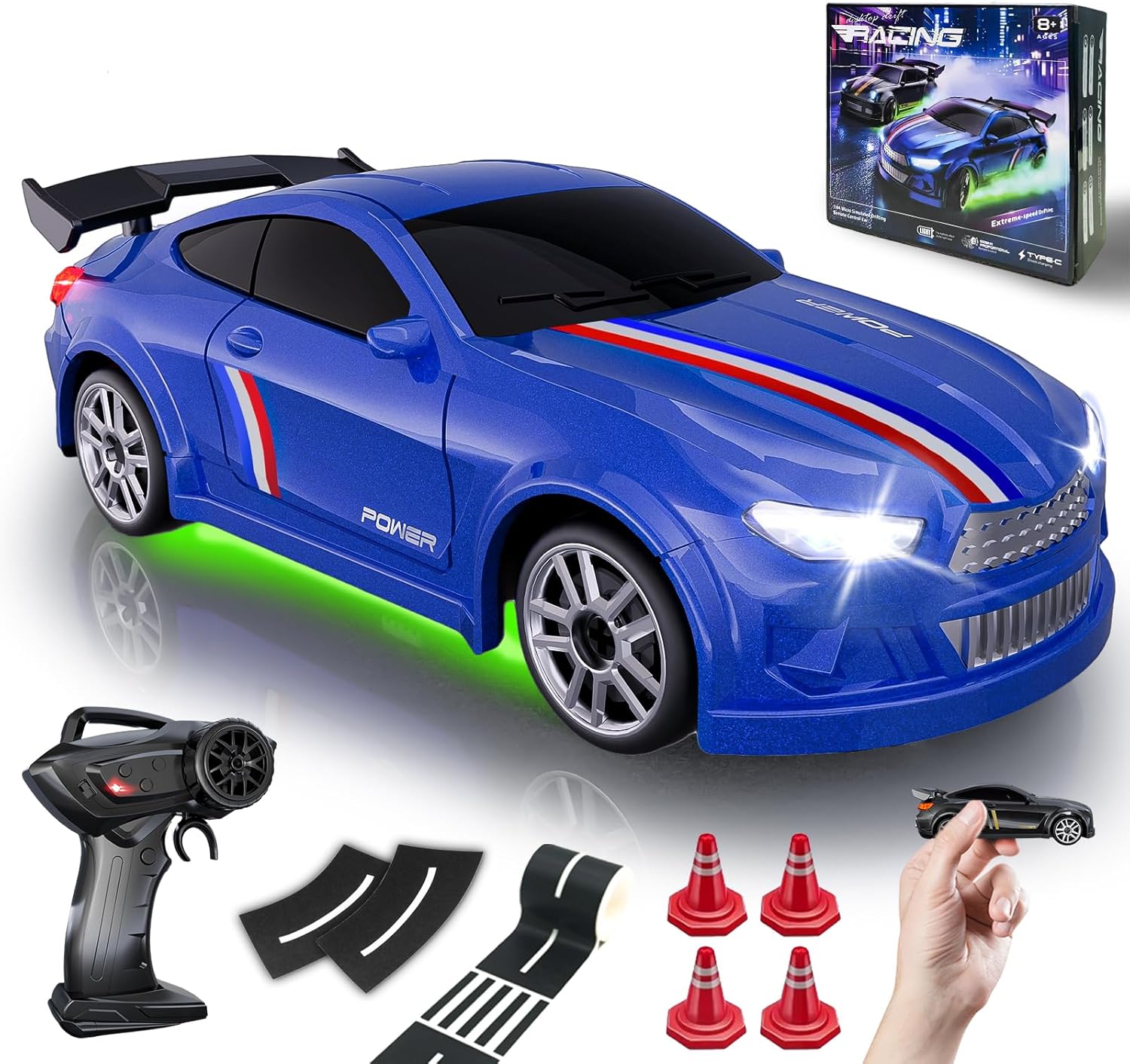 Mini RC Drift Car 1:64 Scale, Remote Control Car with LED Lights & 2-Speed Modes, 2.4GHz Stunt Drifting RC Toys with 4 Obstacles & Road Tape, Hobby Gift for Kids & Adults, Blue