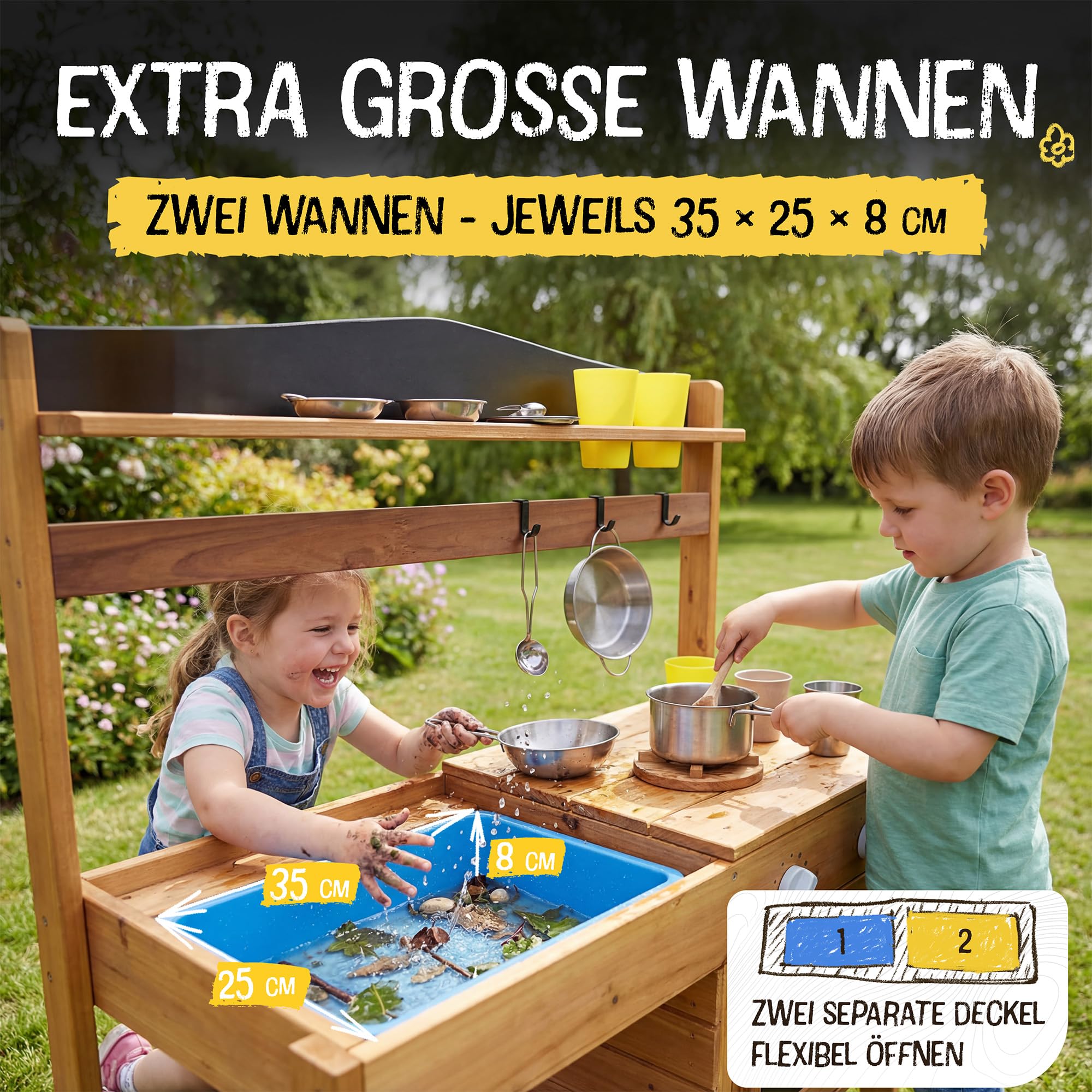 FRIEDO Matschküche Kinder Outdoor mit Schutzlasur I Inkl. Ofen und Zubehör wie 1,2 L Wasserspender, Töpfen etc. I Lasierte Gartenküche wettersicher I Sommer Kinderküche für den Garten I Mud Kitchen