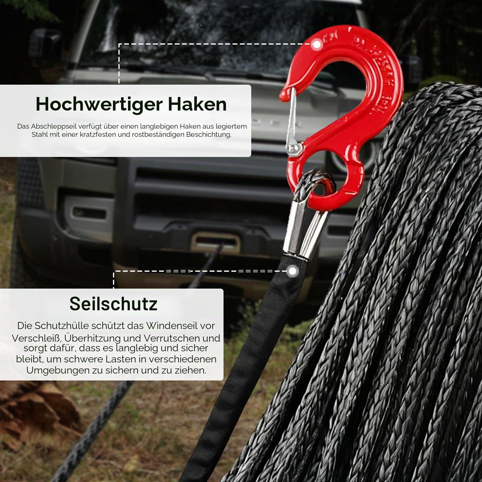 Abschleppseil, Windenseil 15M Lang 8MM Durchmesser 12 Strängen Synthetikseil 6000KG / 13228LBS Kunststoffseil Anhängerseil Forstseil Tow Rope mit Metallhaken für PKW ATV LKW UTV LKW SUV, Schwarz