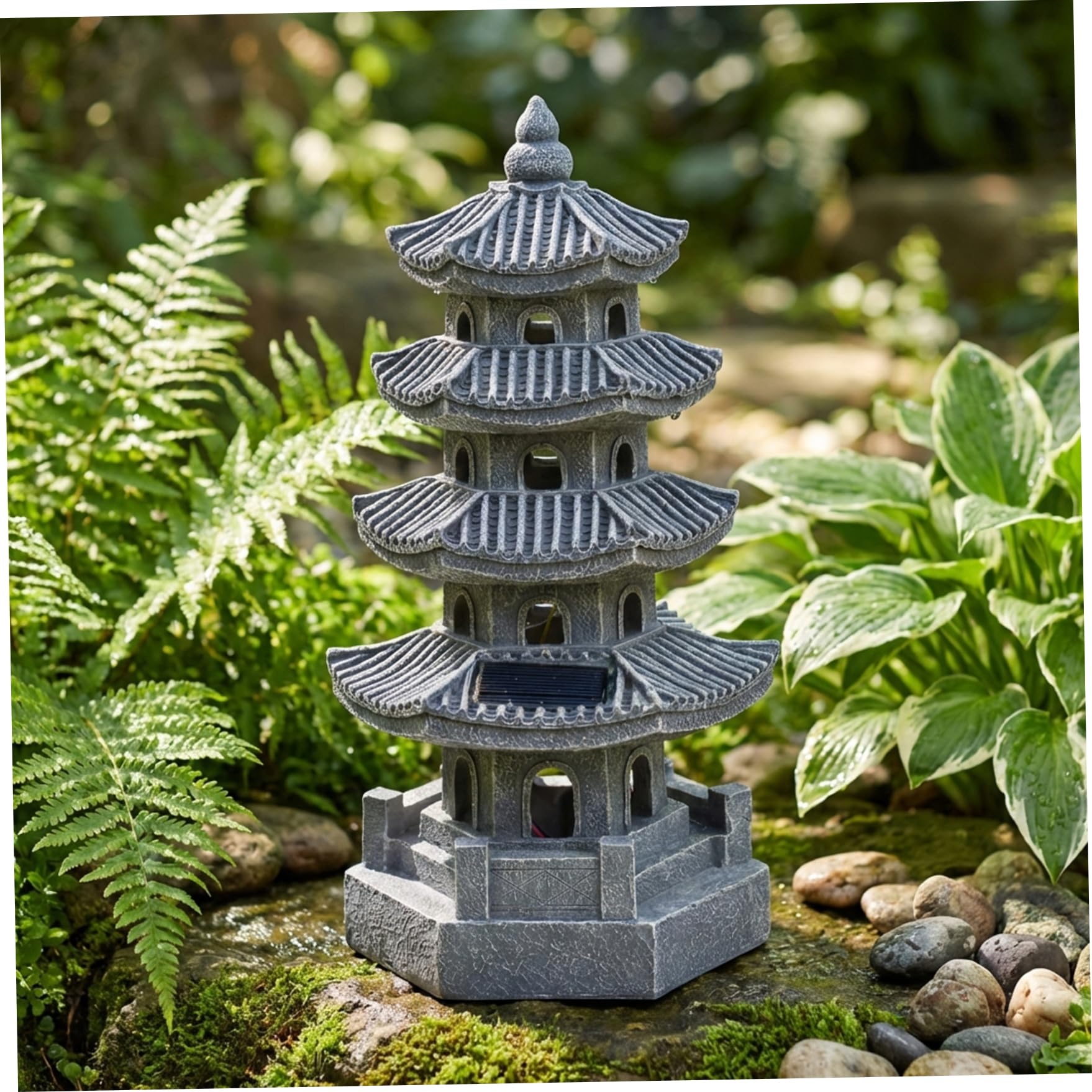Faticenic Pagoda Garden Statue Solar Powered Pagoda Lantern Resin Outdoor Zen Japanese Garden Decor for Balcony, Patio, Porch, Yard 11.4x4.7x4.7 inch Grey, Ornaments de jardin