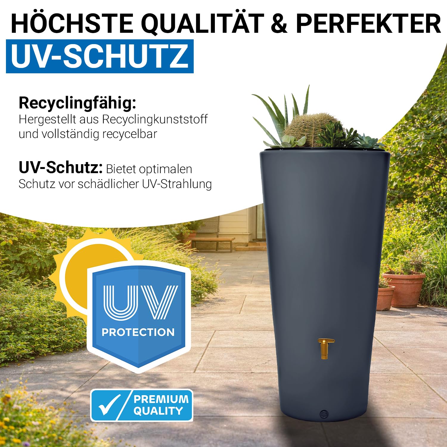 4rain Vaso 2in1 Regentonne 220 Liter Graphite Grey inkl. Kunststoff-Auslaufhahn und Fallrohranschluss - schlanke Regentonne für den Garten - modernes Design mit Pflanzschale und klarer Gestaltung