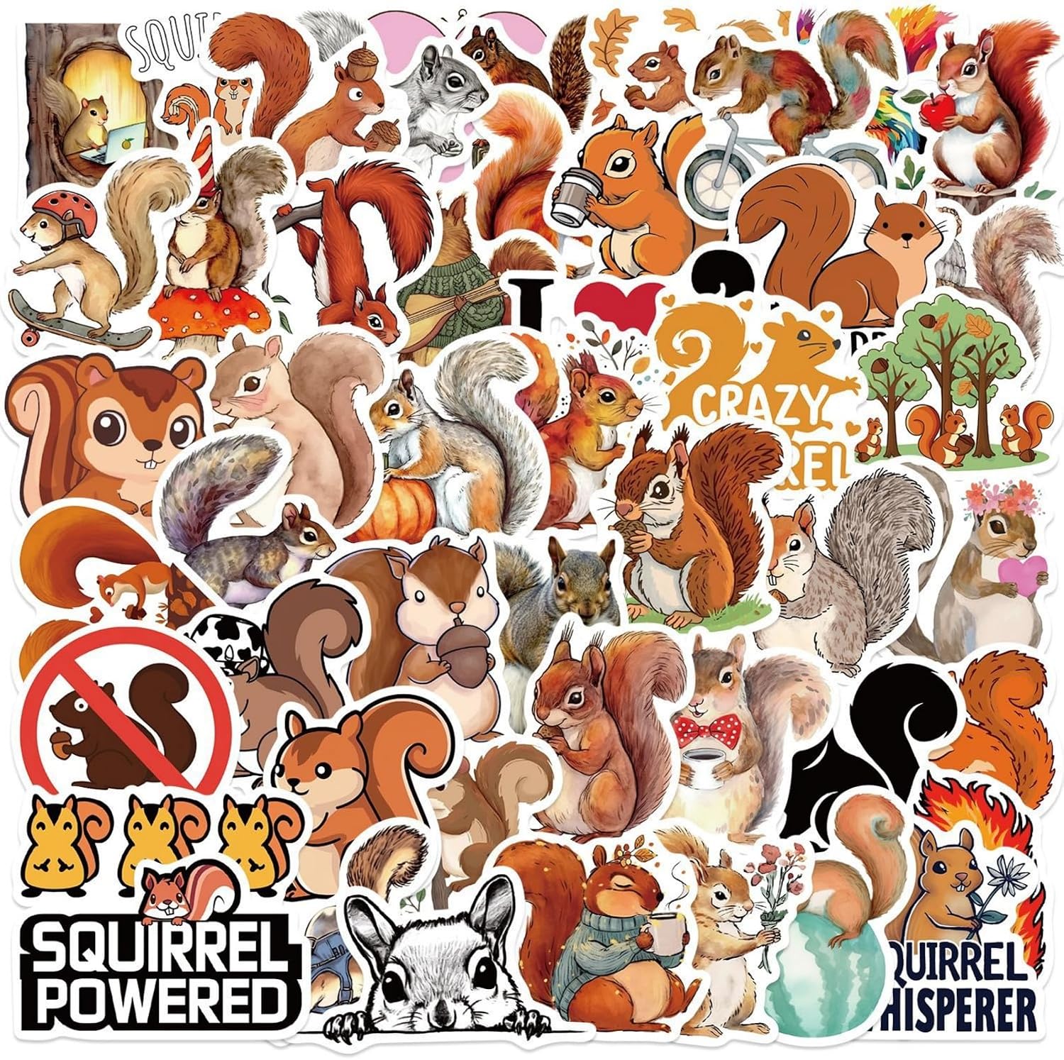 Cute Squirrel Stickers for Kids Teens Adults, 50 PCS Cartoon Squirrels Vinyl Waterproof Laptops Decorative Decals, Yiwuzxmy Aesthetic Animals Bumper Journal Helmet Stationery DIY Sticker