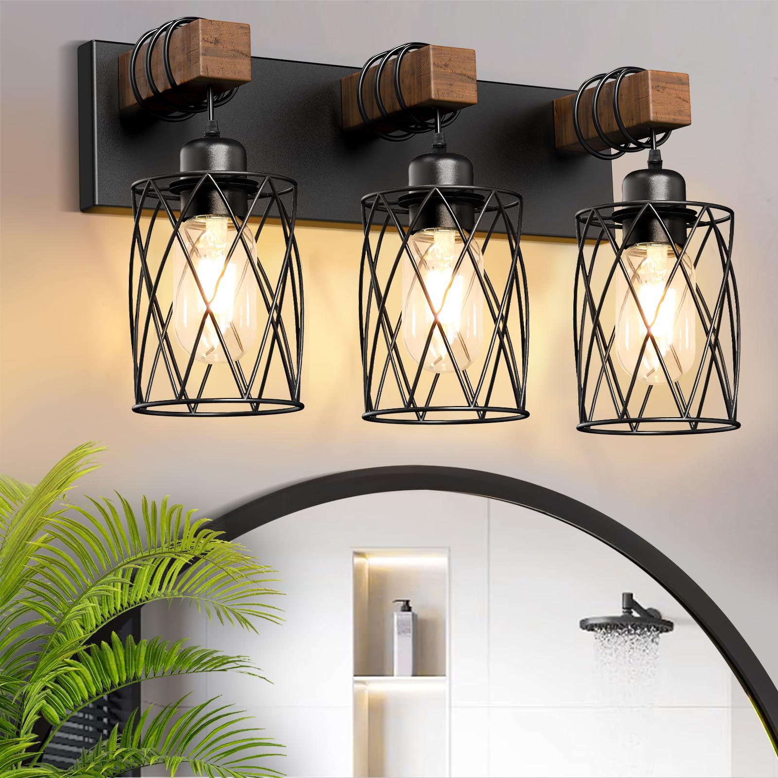 IZORRO Farmhouse Bathroom Vanity Light 3-Light Wood Bathroom Light Fixtures Over Mirror Black Industrial Vanity Lights with Metal
