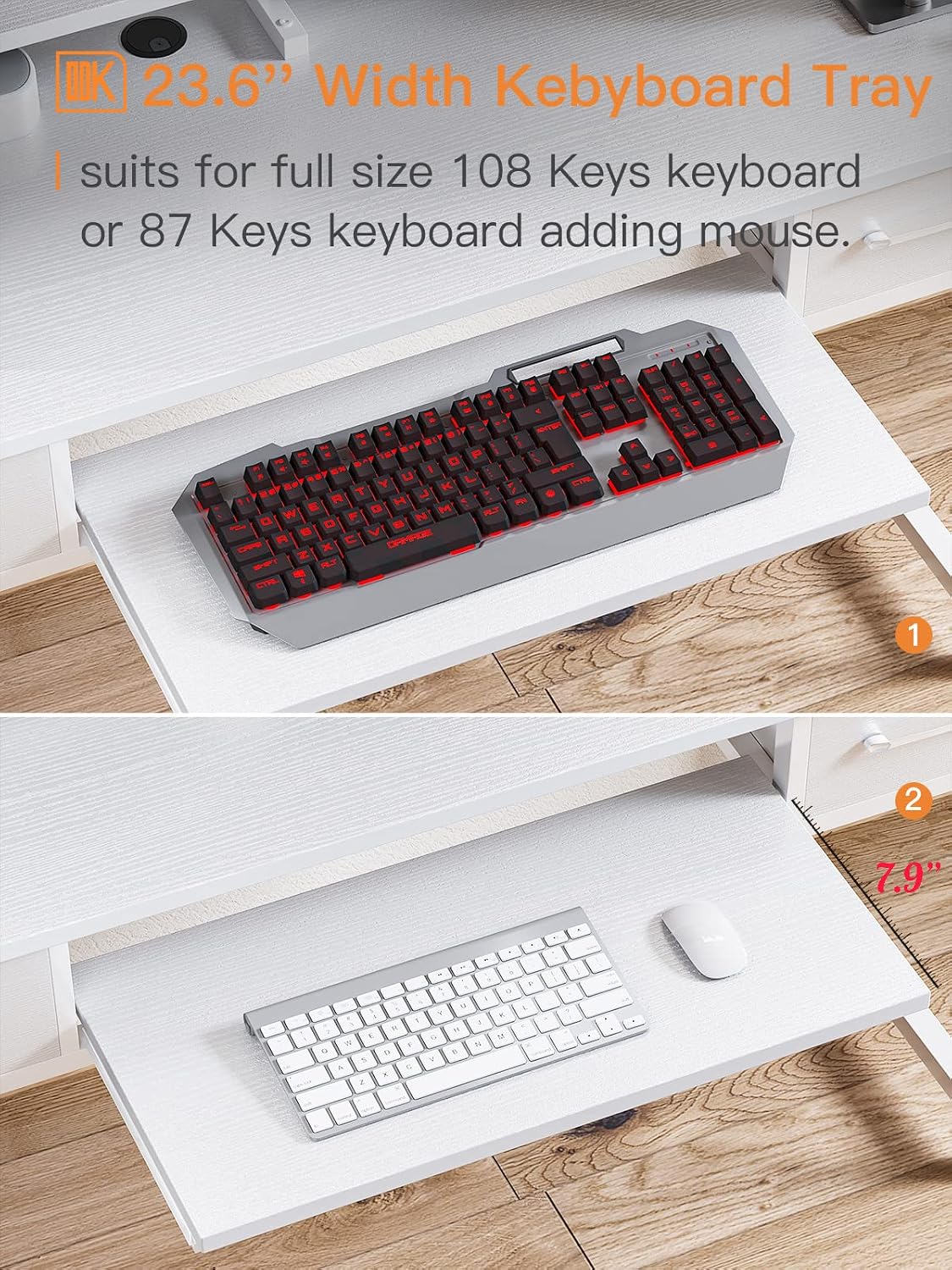 Open fabric drawer of the ODK desk, showing items like headphones, a phone, and a gaming console stored inside.
