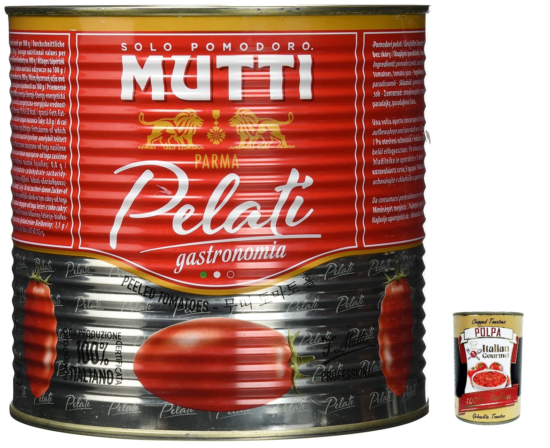 Italian Gourmet Pelati professional Gastronomia 6 x 2,5kg Schältomaten | Pomodori interi in succo, formato ristorazione; küchenfertig, fleischig e, Gesamtnettogewicht 15 kg + Kostenlos Polpa 400g