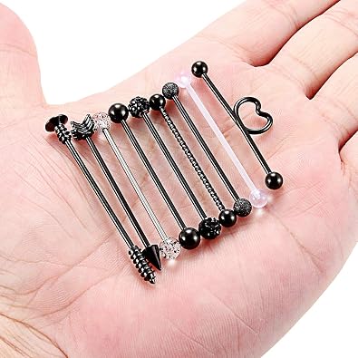 SCERRING 9PCS 14G Stainless Steel Industrial Barbell Cartilage Helix Conch Earring Body Piercing Jewelry 1 1/2Inch(38mm) Heart Arrow Screw Balls for Women Men