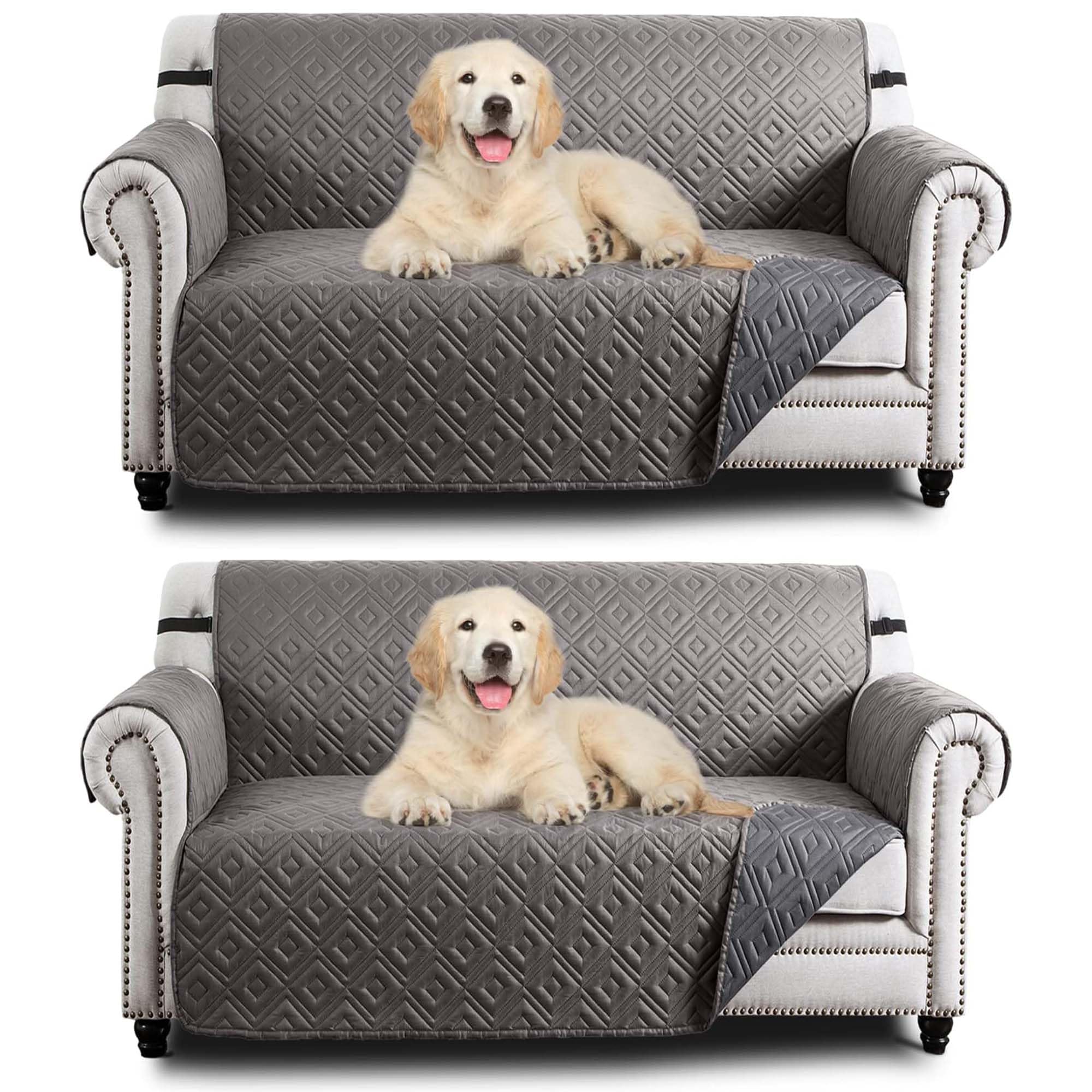 Hafaa Sofa Cover 2 Seater Water Resistant Sofa Slipcovers 2 Pack Light Grey/Dark Grey Non Slip Reversible Sofa Covers with Elastic Strap - Washable Sofa Protectors from Pets/Kids/Dogs