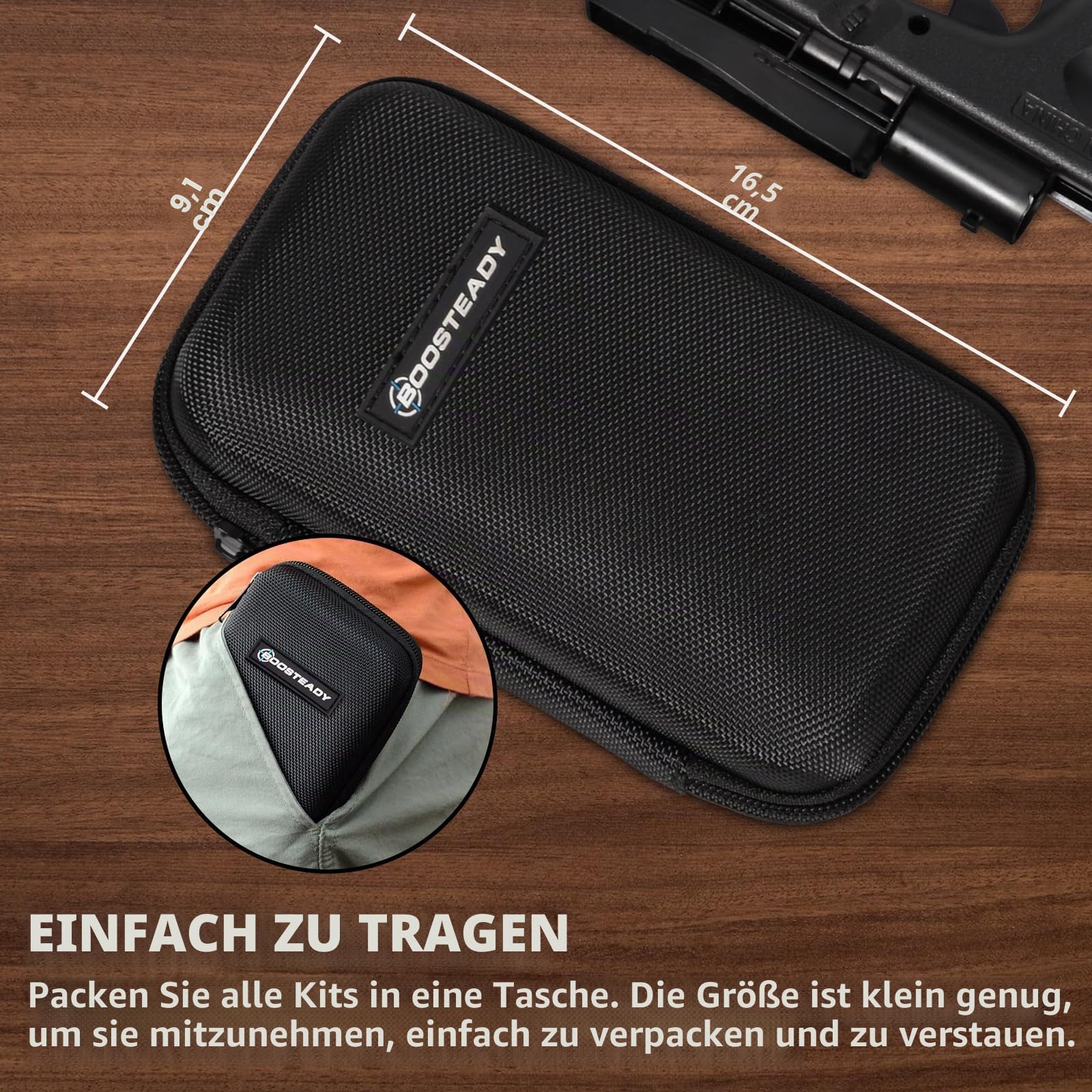 BOOSTEADY Universal-Handfeuerpistolen-Reinigungsset .22, .357, .38,9 mm, .45 Kaliber Pistole Reinigungsset Bronze Bohrung Bürste und Messing Jag Adapter