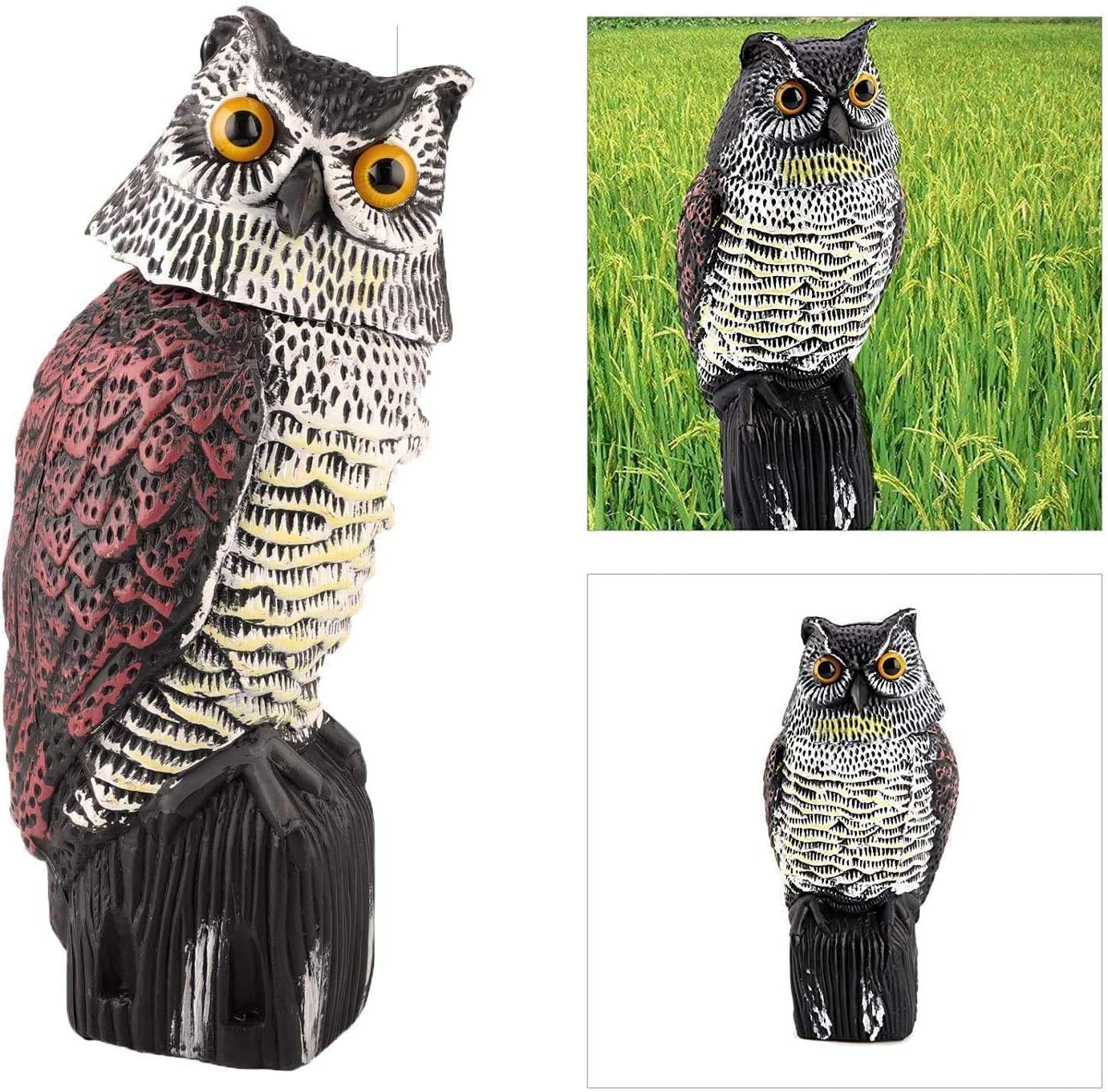 Fake Owl Scarecrow Sculpture with Rotating Head for Outdoor Garden Yards