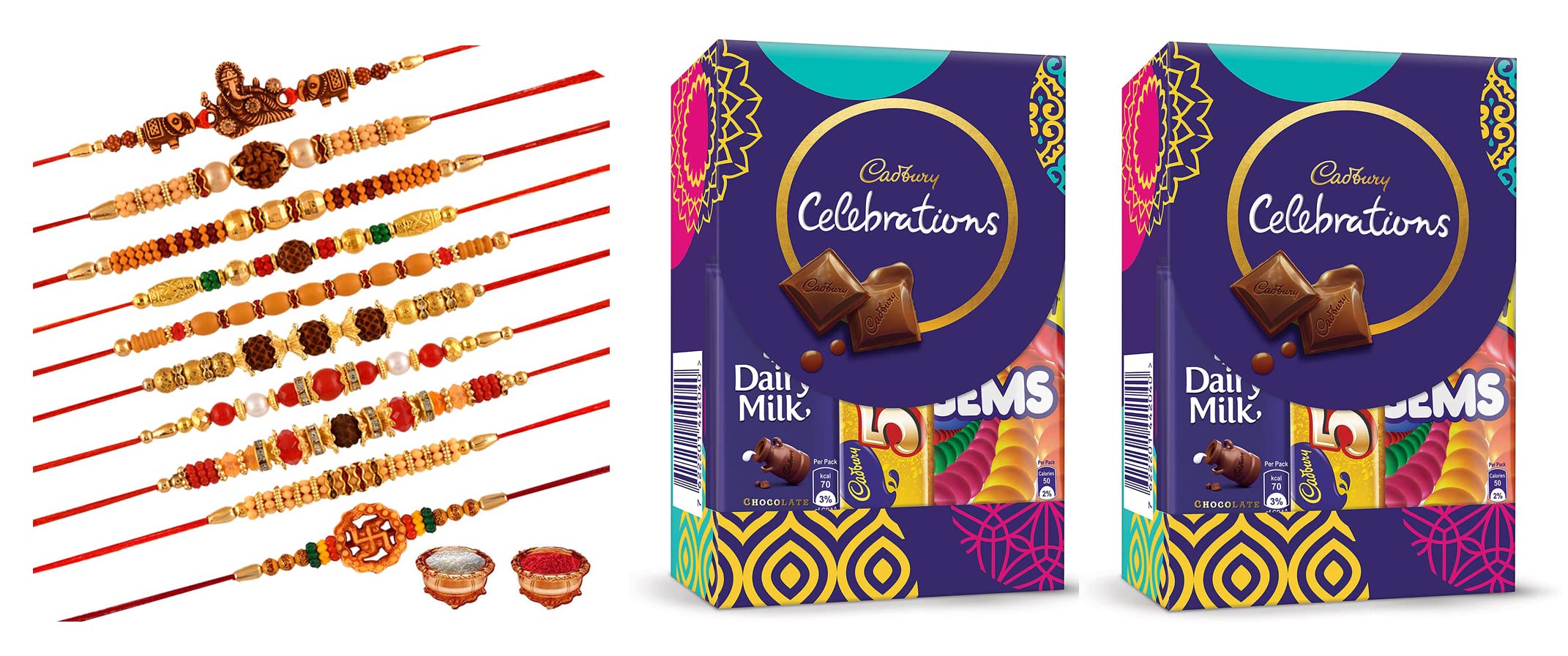 Rich'U Chocolates - 10 Rakhi Set with a Roli Chawal Happy Rakhi Card with 2 Cadbury Celebration 59.8 g pack for brother - Rakhi with Chocolates