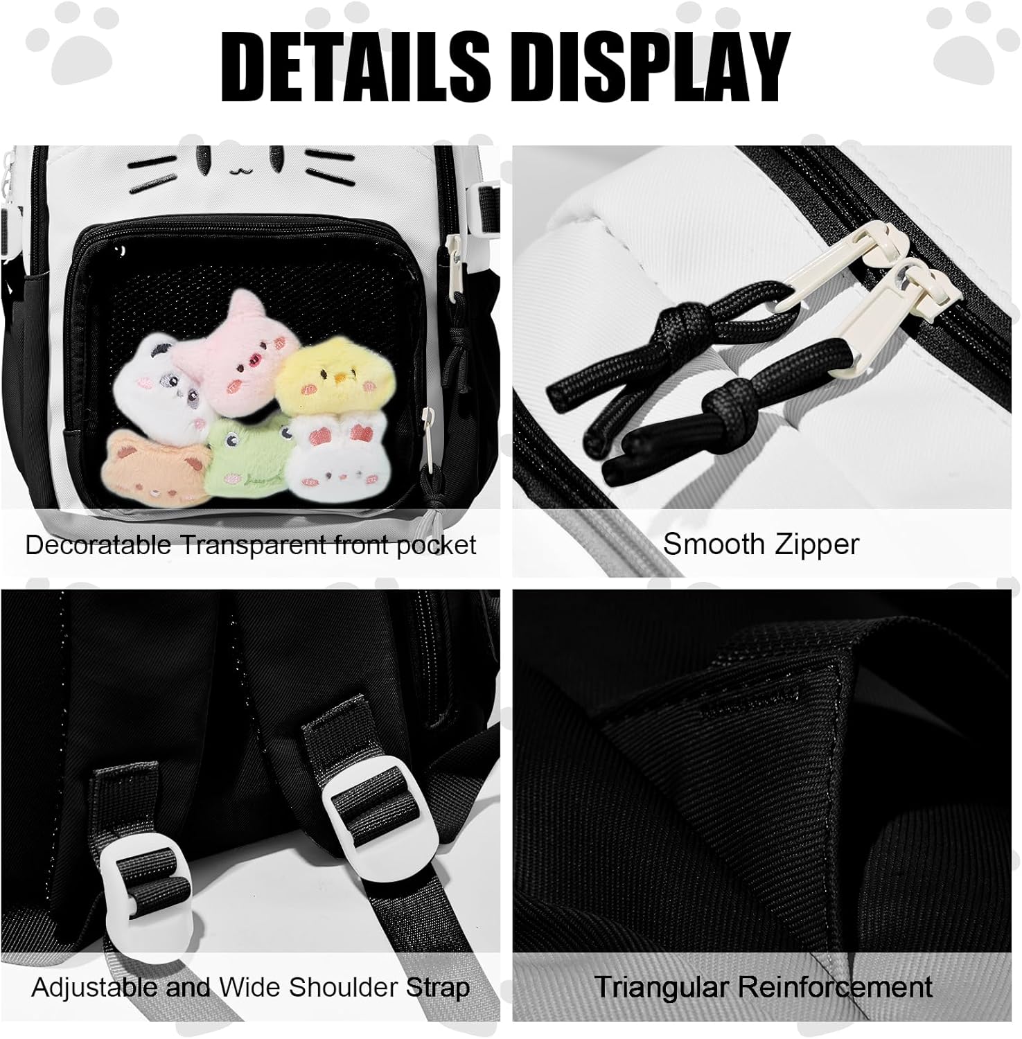 Kawaii Cat Ita Bag,Pin Purse,Pin Display Backpack Bag with Insert,For Daily Use and Cosplay(black-white,small)