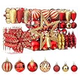SHareconn 106PCS Christmas Balls Ornaments Set, Colorful Shatterproof Plastic Decorative Baubles for Xmas Tree Decor Holiday Wedding Party Decoration with Hanging Hooks, Red & Gold