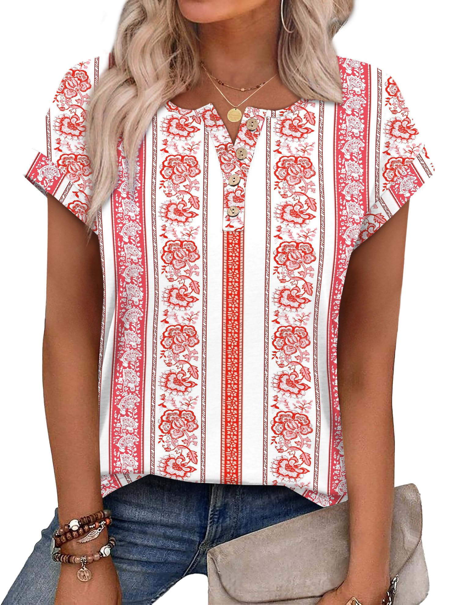 Aokosor Womens Summer Tops Floral Printed Short Capsleeve Shirts Crew Neck Cute Fashion Dressy Tunic Blouses for UK — view 21