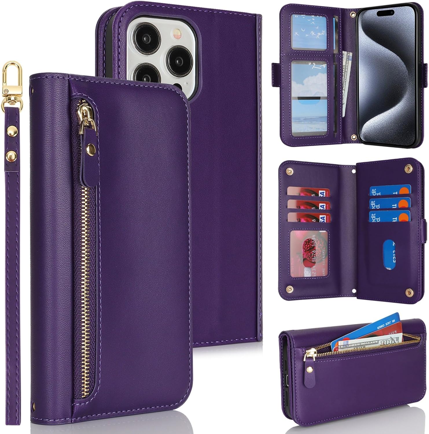 Jaorty For IPhone 15 5G Phone Case Wallet With Wrist Strap