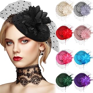 9 Pcs Fascinators Hats Tea Party Feather Pillbox Hat with Clips for Women Halloween Veil Flower Hat, 9 Colors