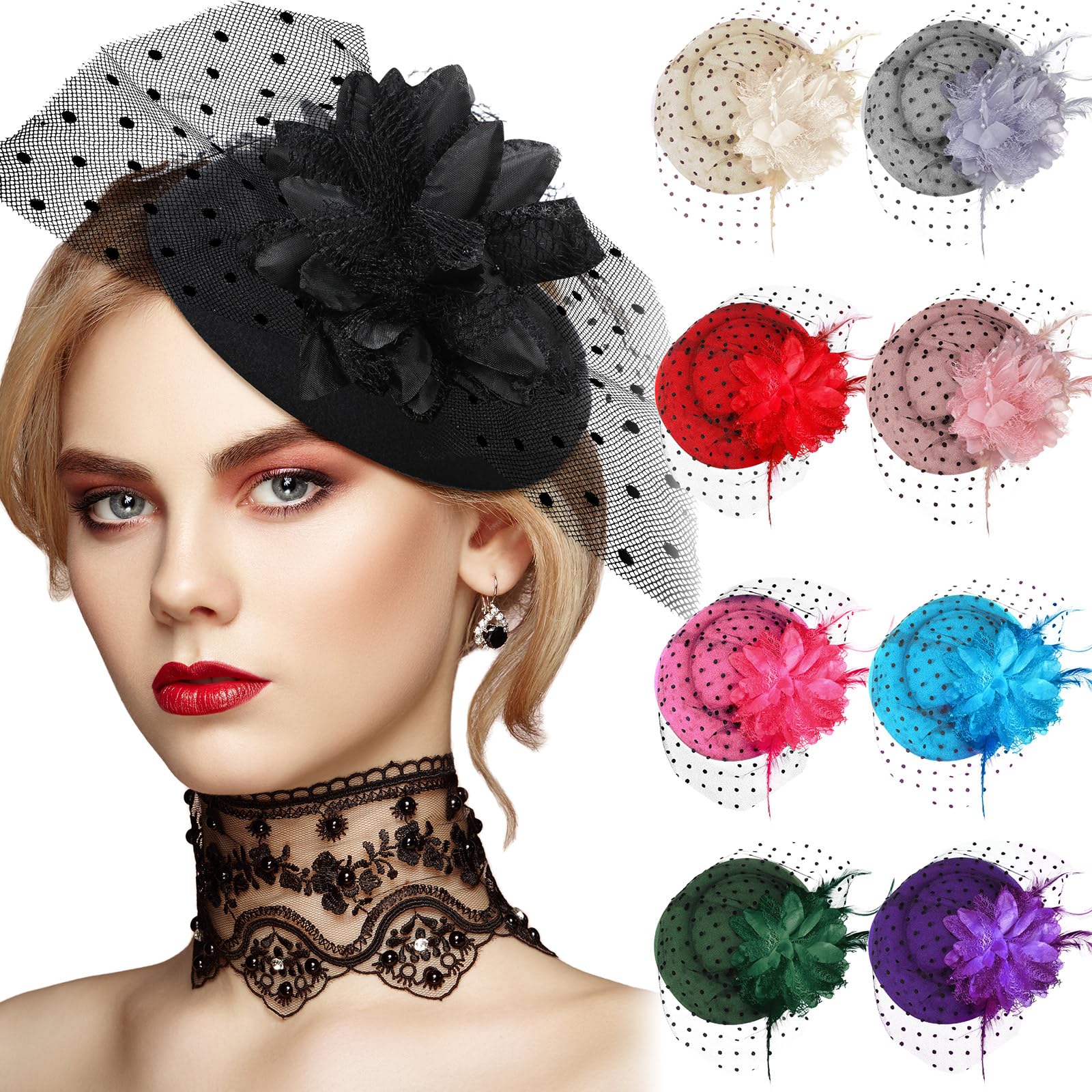 Jeyiour 9 Pcs Fascinators Hats Tea Party Feather Pillbox Hat with Clips for Women Halloween Veil Flower Hat, 9 Colors